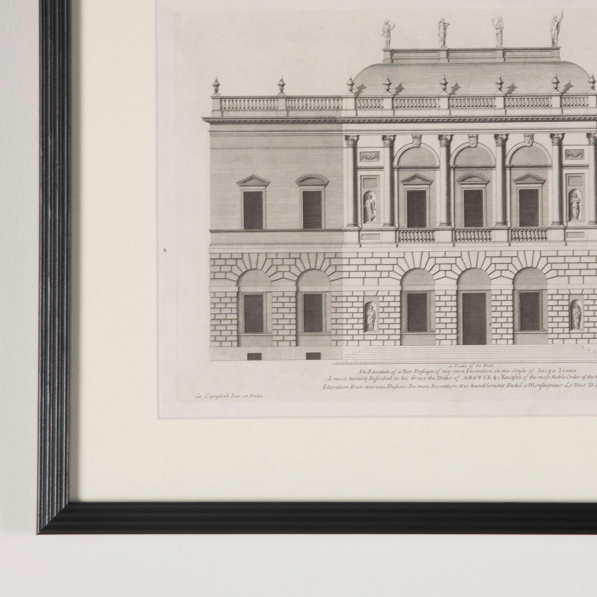 Set of six early 18th Century Architectural engravings by Sir Colin Campbell. 
Sir Colin Campbell’s “Vitruvius Brittanicus” is widely recognised and considered a classic for 18th Century British architecture.
Campbell was an assistant to the Earl