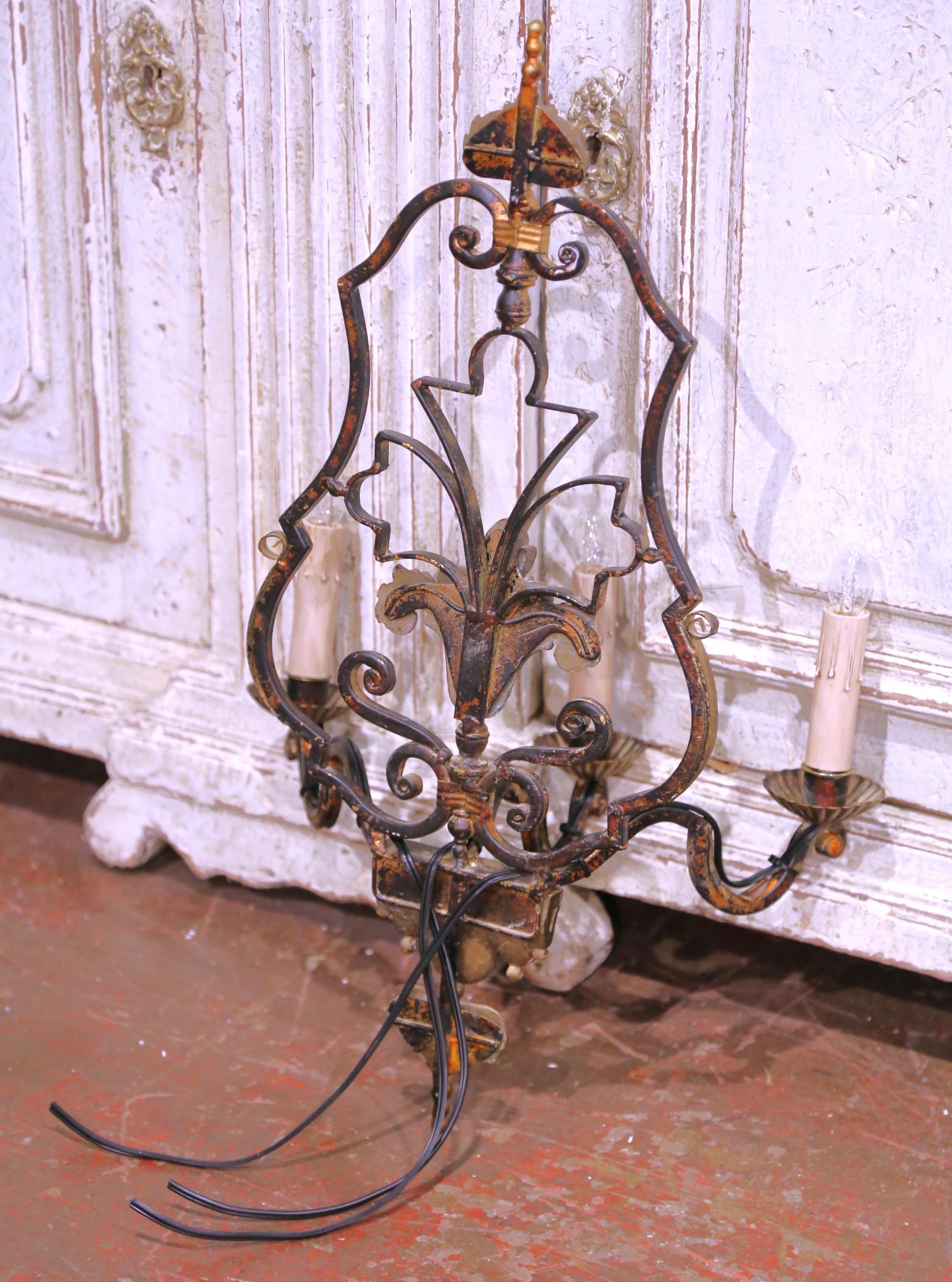 Set of Six Early 20th Century French Iron Three-Light Sconces with Gilt Accents For Sale 5