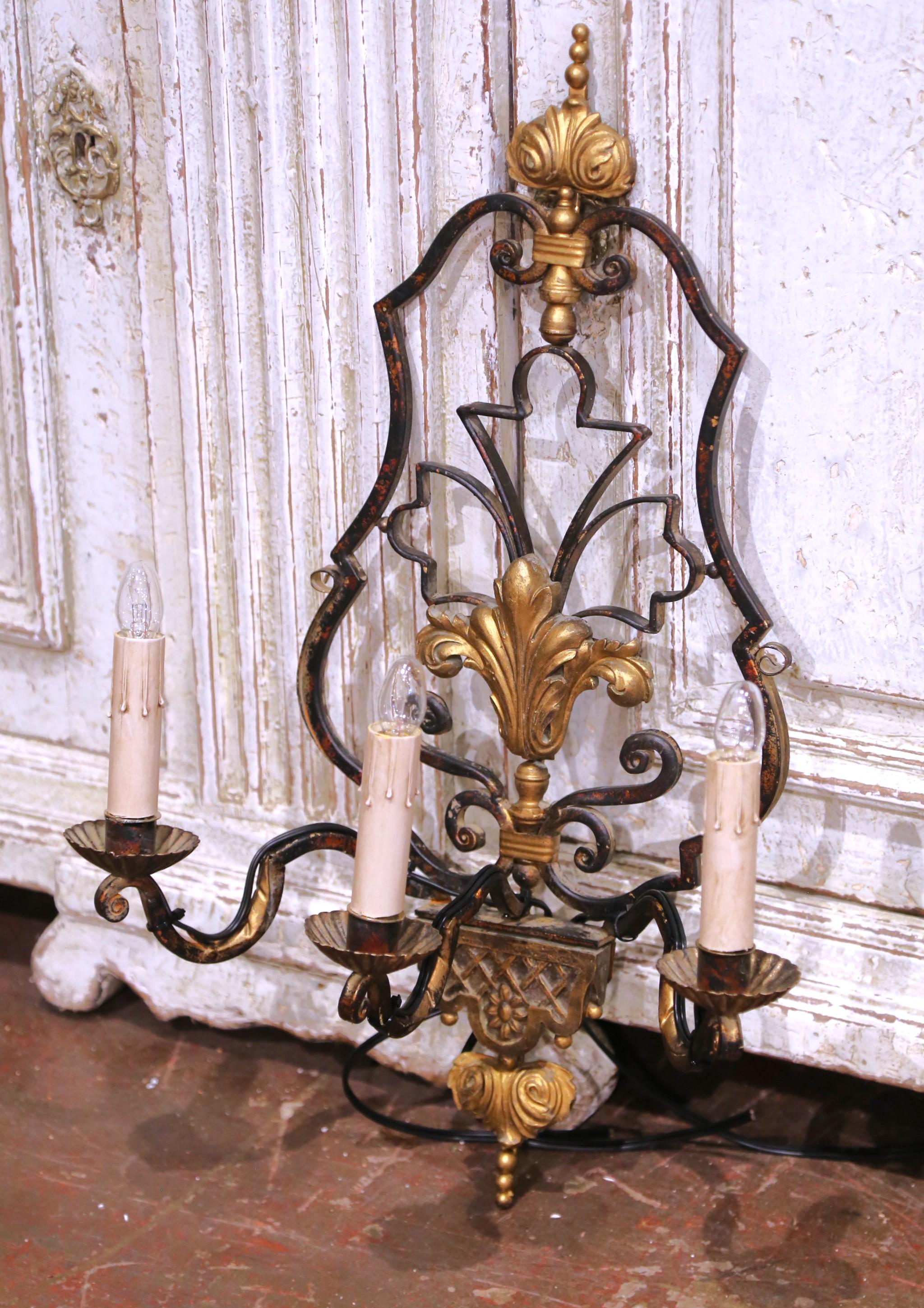 Louis XV Set of Six Early 20th Century French Iron Three-Light Sconces with Gilt Accents For Sale