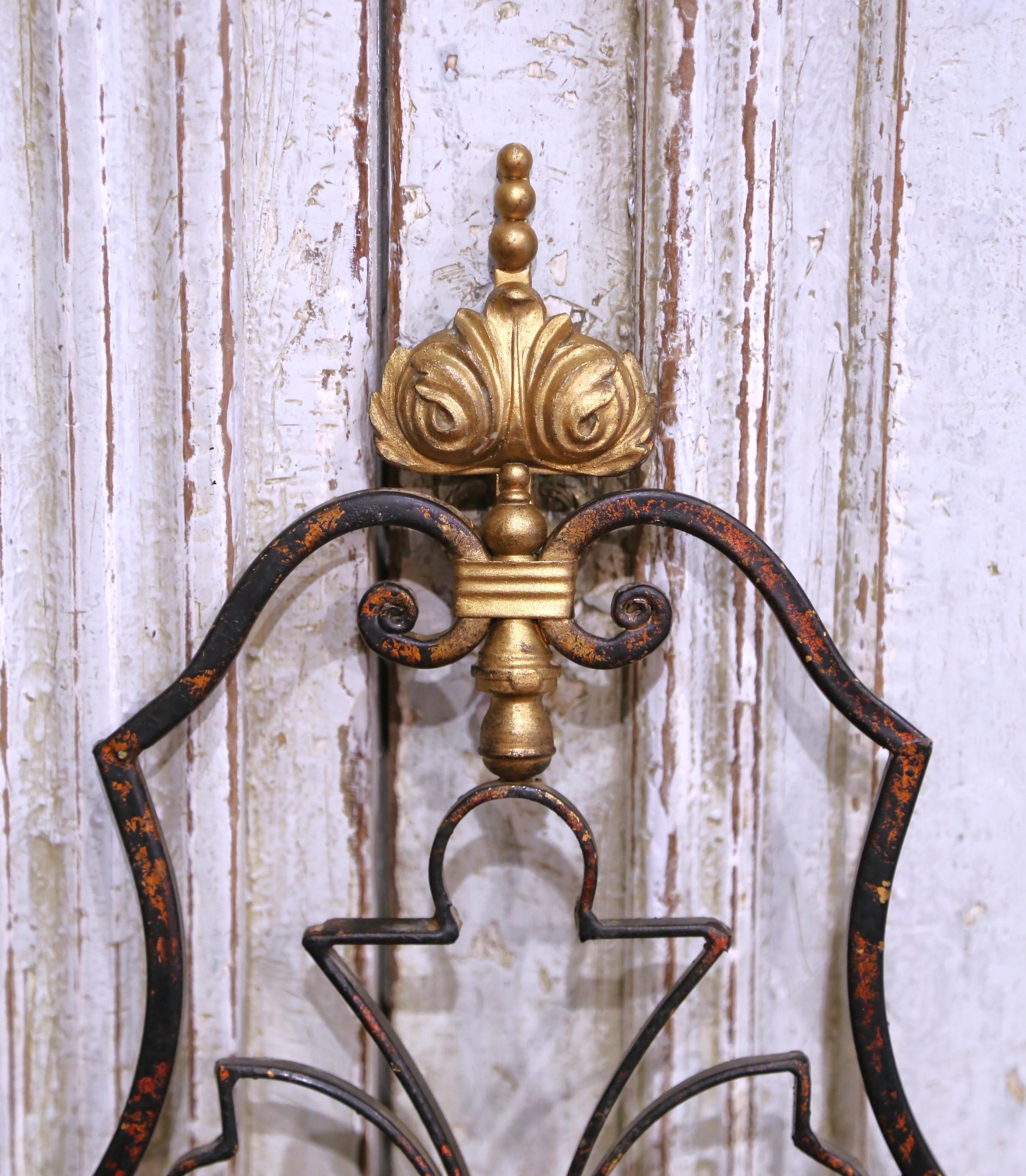 Patinated Set of Six Early 20th Century French Iron Three-Light Sconces with Gilt Accents For Sale