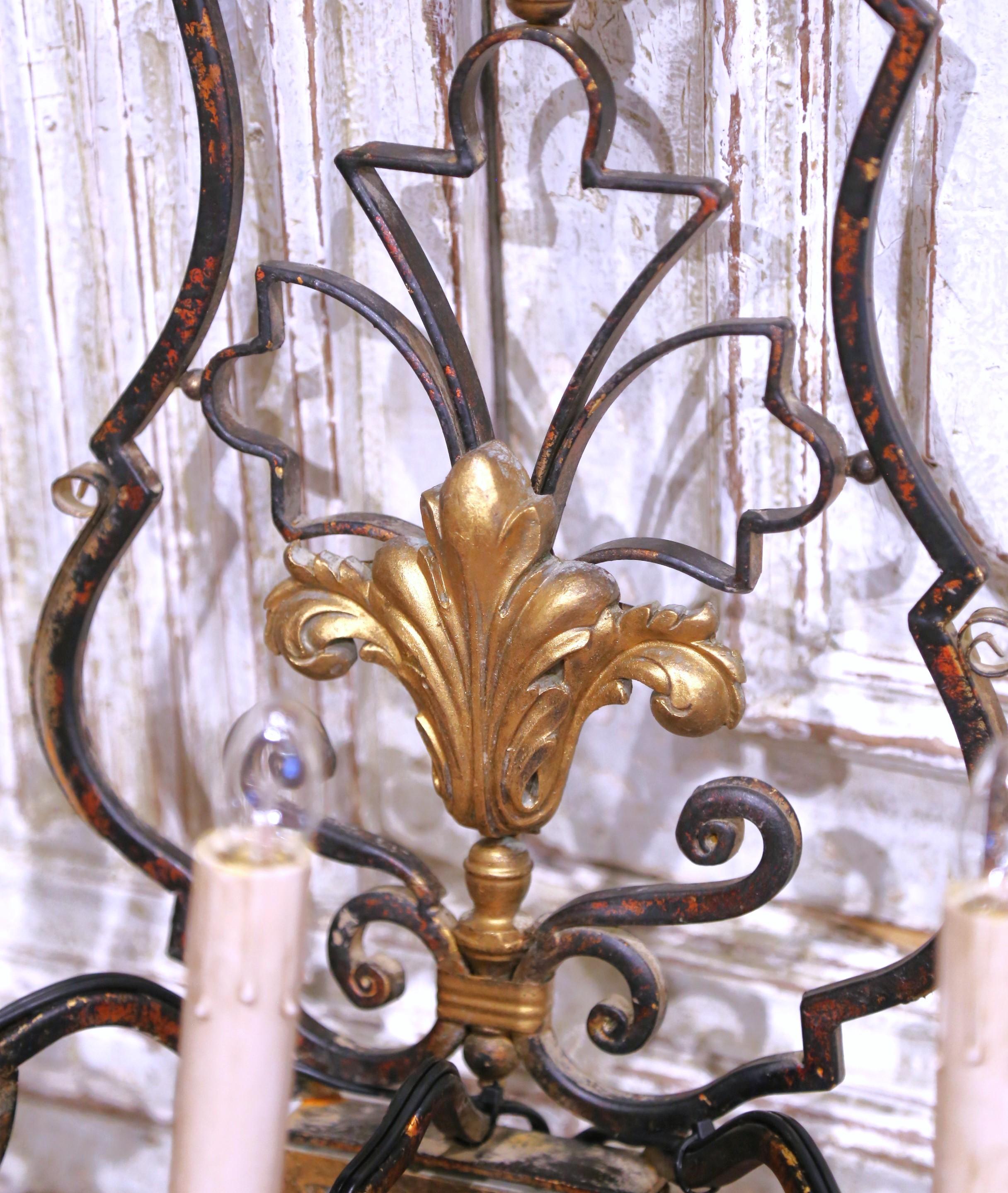 Set of Six Early 20th Century French Iron Three-Light Sconces with Gilt Accents In Excellent Condition For Sale In Dallas, TX