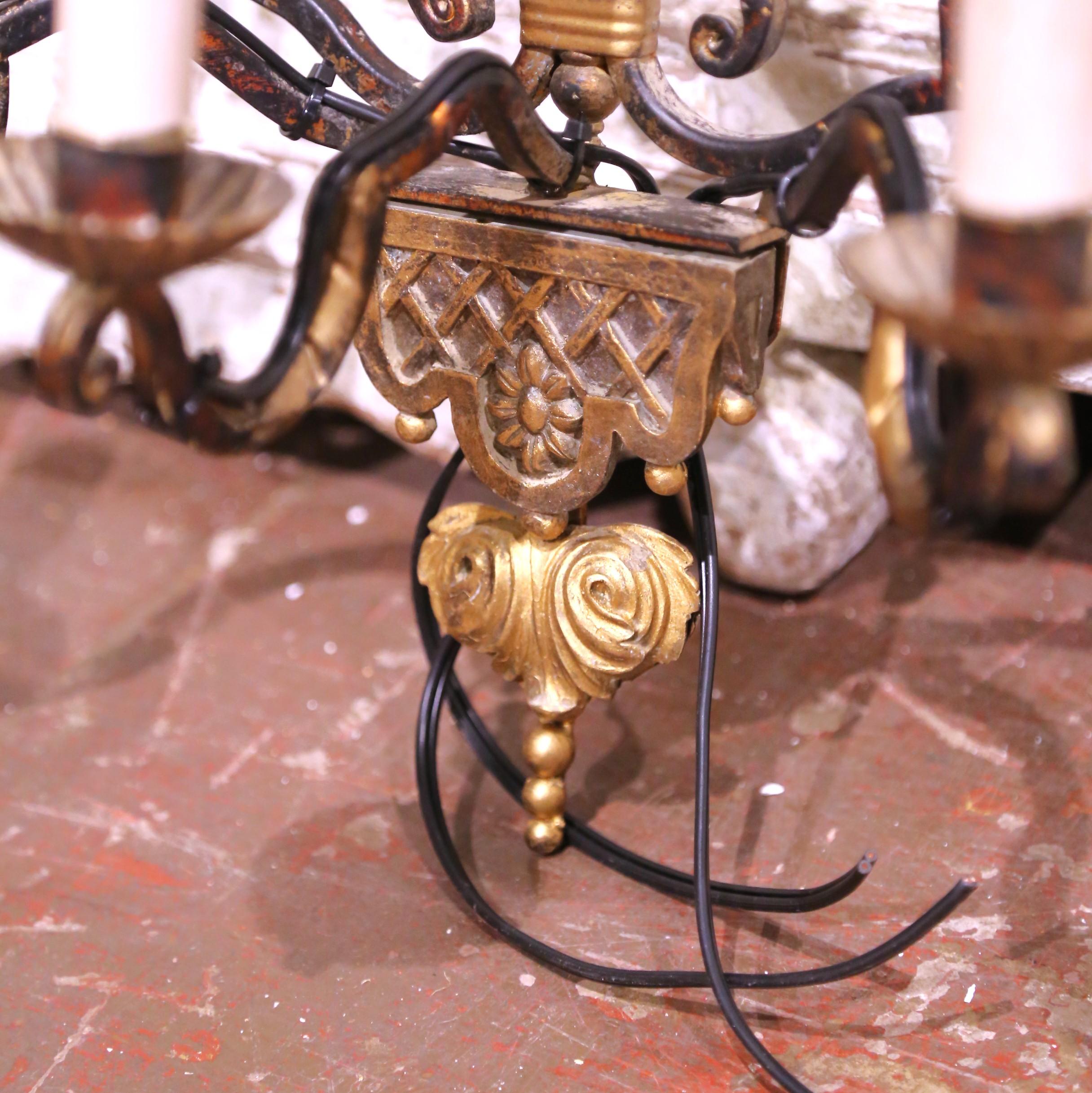 Set of Six Early 20th Century French Iron Three-Light Sconces with Gilt Accents For Sale 1