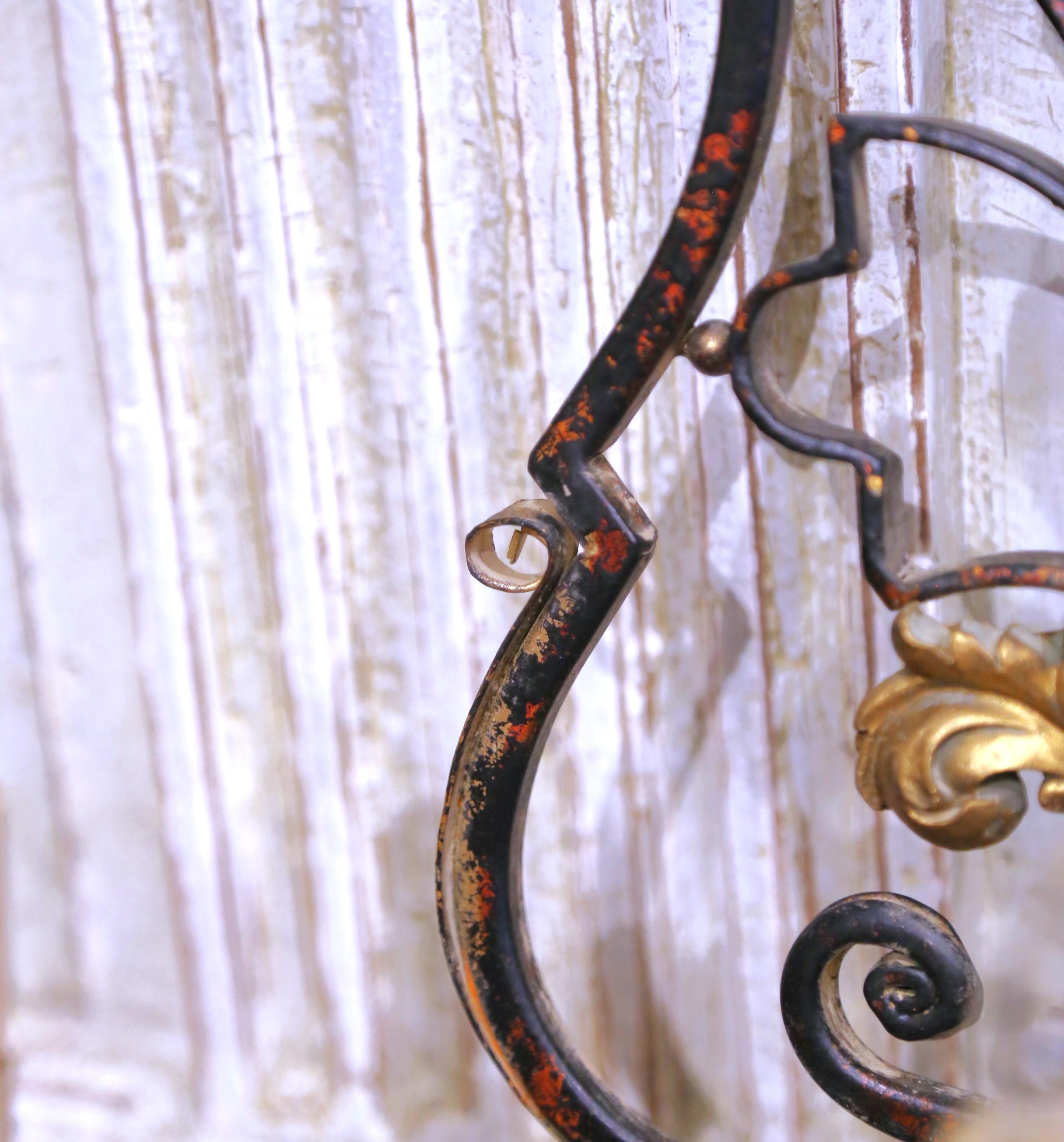 Set of Six Early 20th Century French Iron Three-Light Sconces with Gilt Accents For Sale 3
