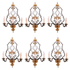 Set of Six Early 20th Century French Iron Three-Light Sconces with Gilt Accents