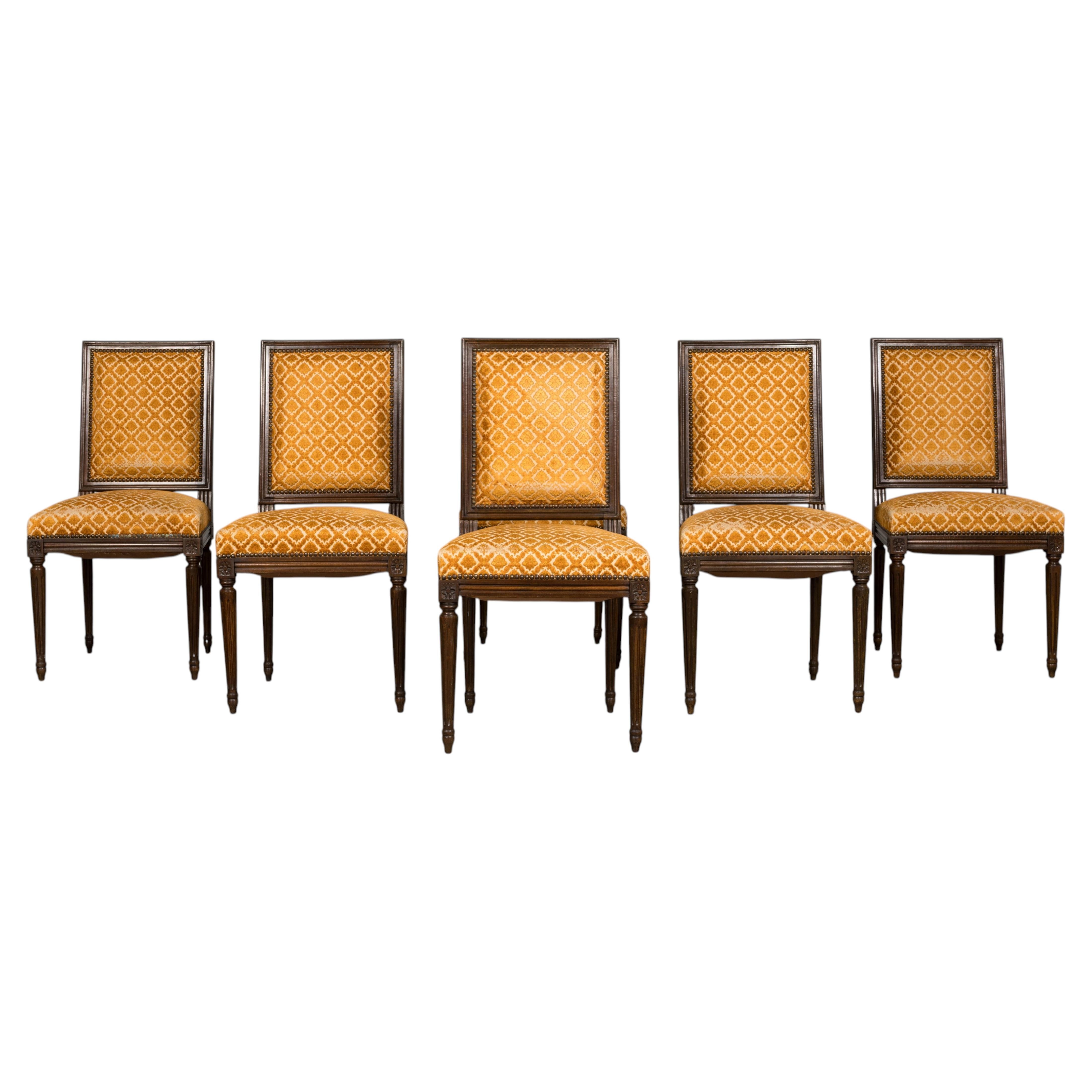Sechser-Set französischer Louis-XVI-Esszimmerstühle, Nussbaum, mit Samtpolsterung