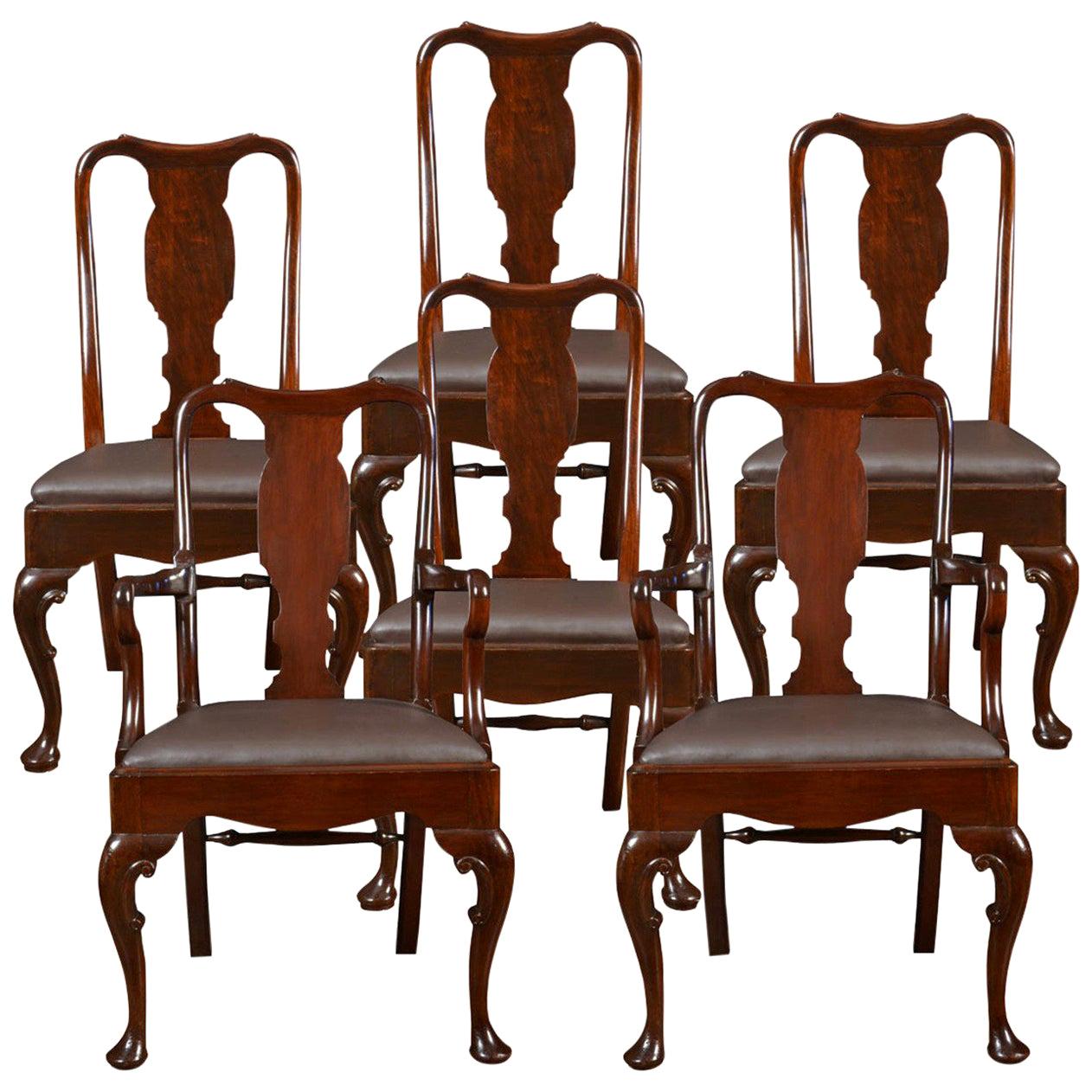 Set of Six Early 20th Century Queen Anne Style High Back Dining Chairs For Sale