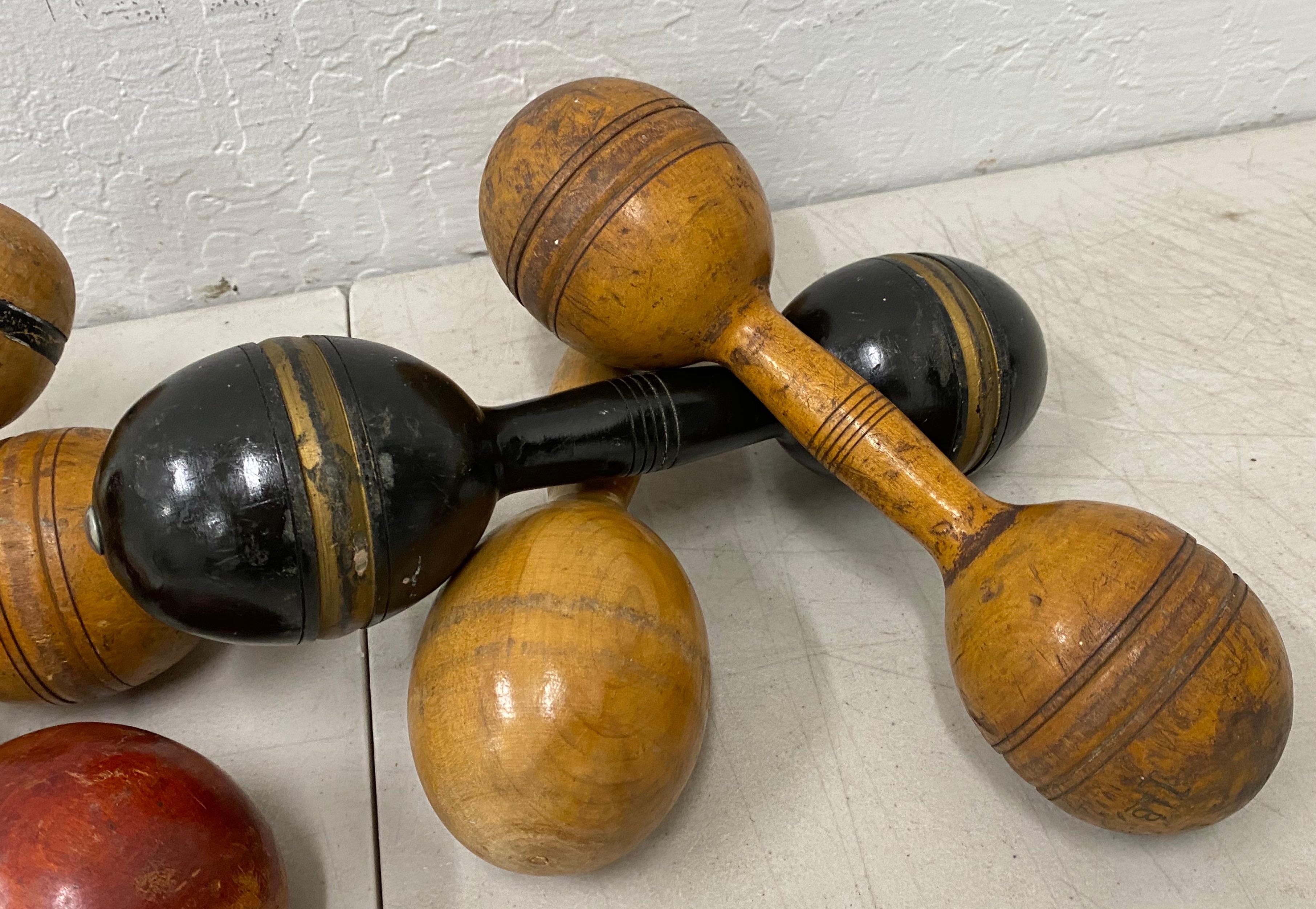 American Six Early 20th Century Wooden Dumbbell Exercise Gym Hand Weight, circa 1930, Set