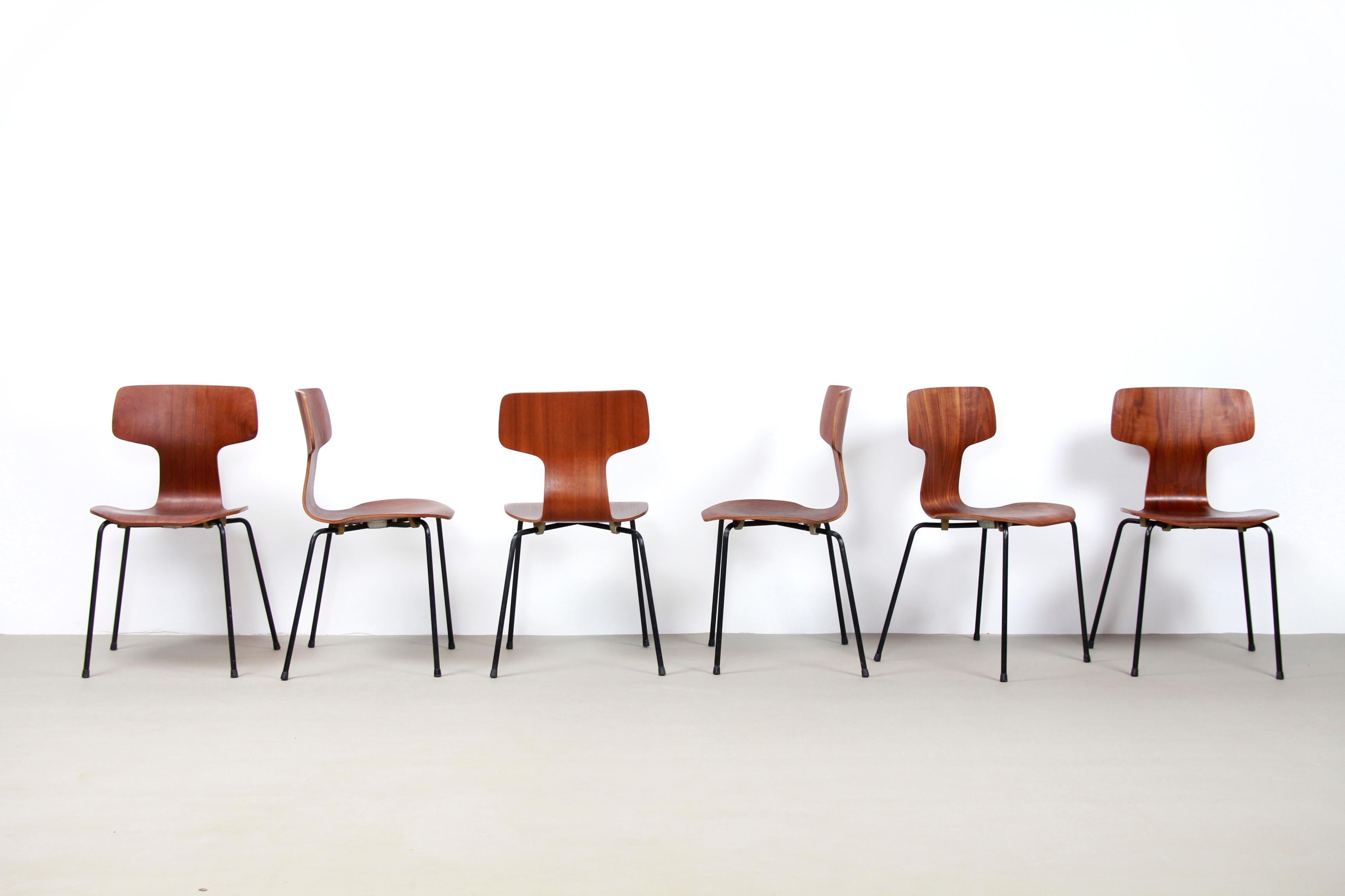 Mid-Century Modern Set of Six Early Arne Jacobsen Model 3103 Hammer Chairs Teak Fritz Hansen, 1950