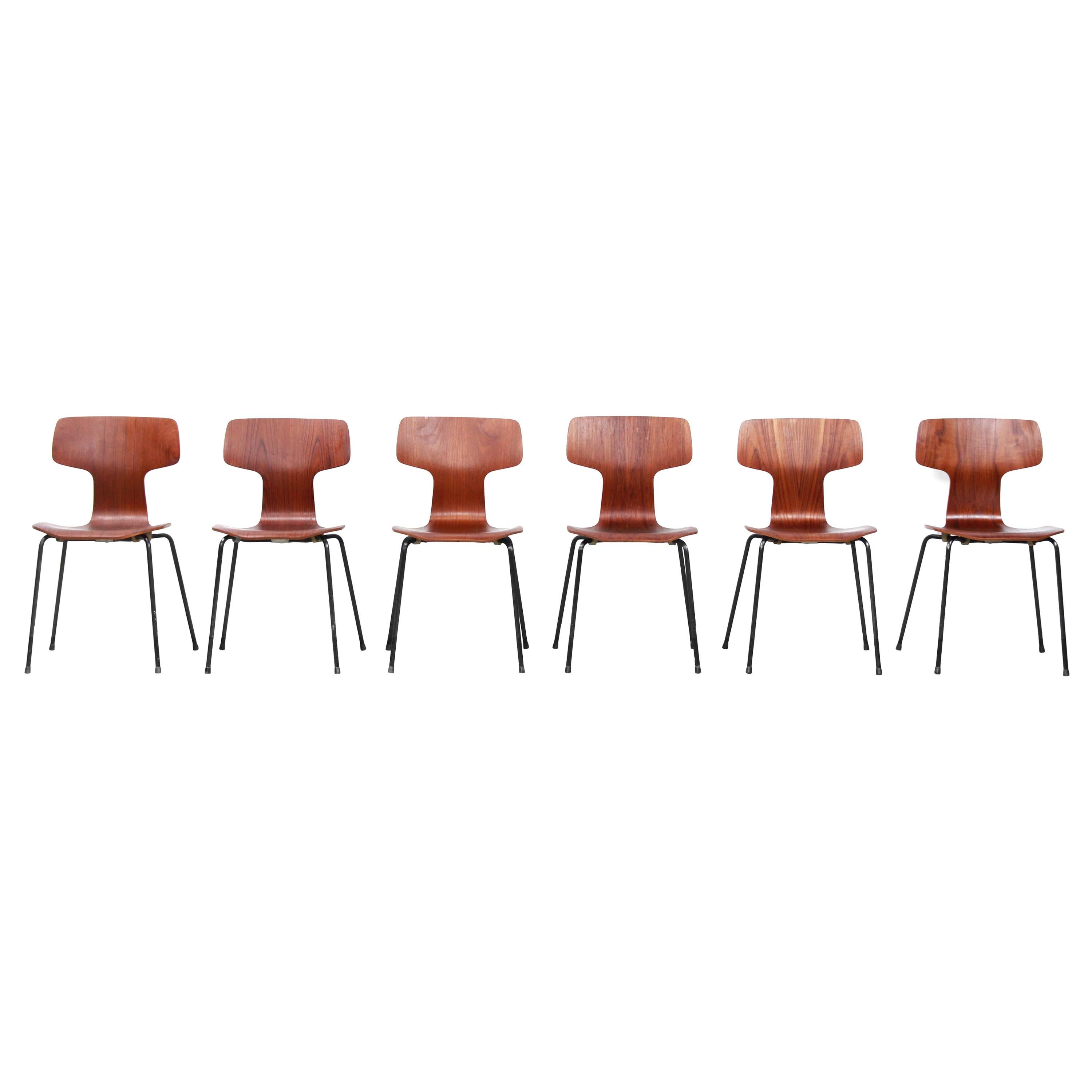 Set of Six Early Arne Jacobsen Model 3103 Hammer Chairs Teak Fritz Hansen, 1950