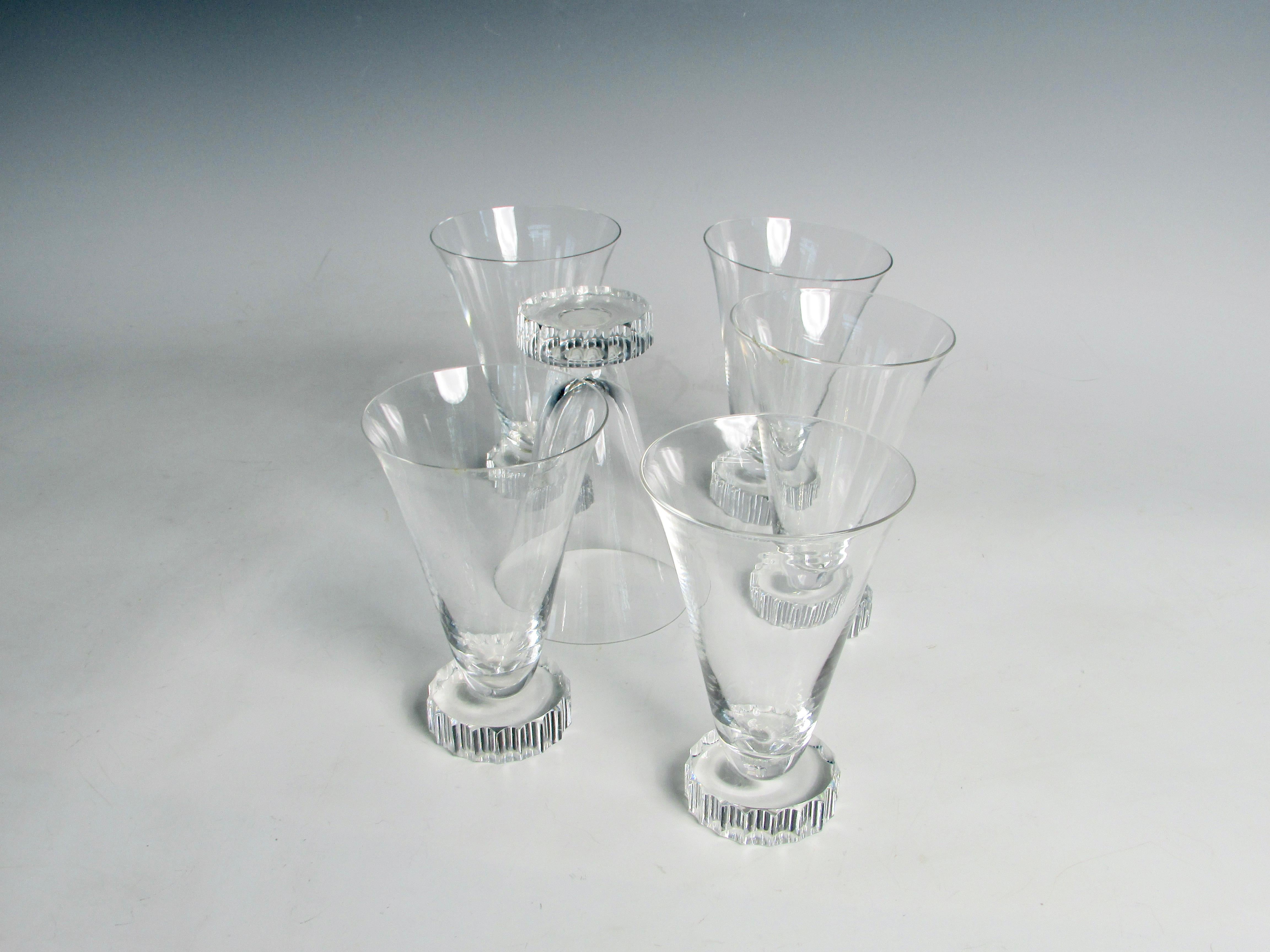 Set of six tapered cocktail glasses on round scalloped base. Early production Libby glass with acid etched signature mark.