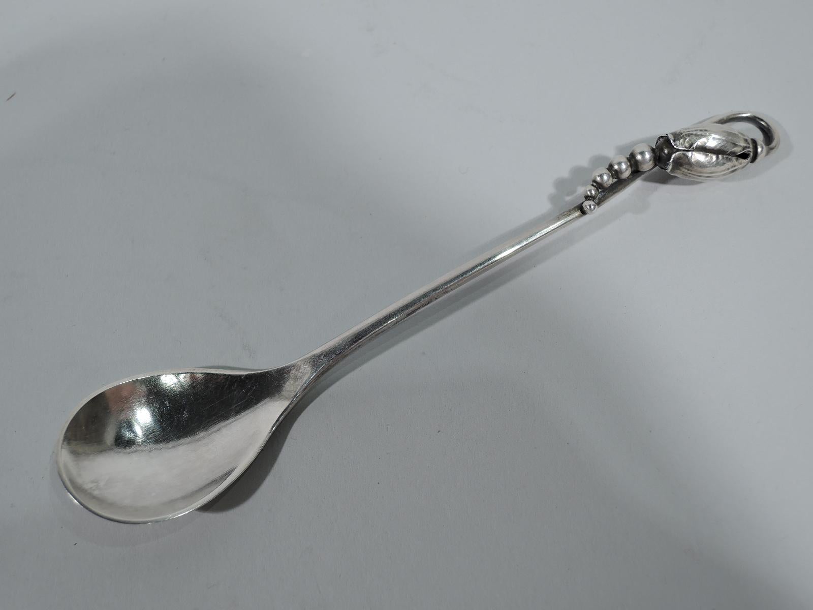 Set of six early sterling silver demitasse spoons in Blossom pattern. Made by Georg Jensen in Copenhagen. Each: Shallow and elongated oval bowl and seed-and-bud terminal. Rare in this size. Hallmarked (1933-44). Total weight: 3 troy ounces.