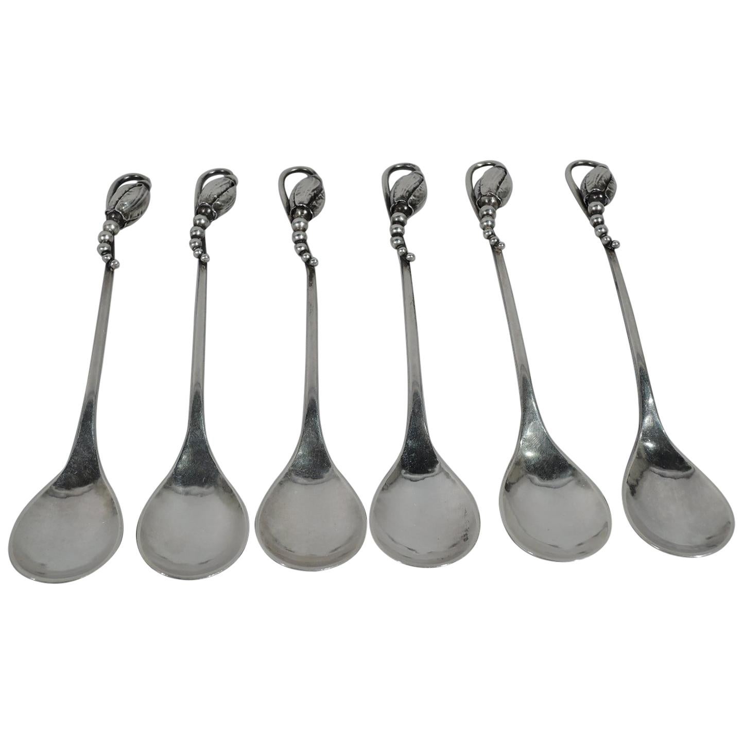 Set of Six Early Georg Jensen Blossom Sterling Silver Demitasse Spoons