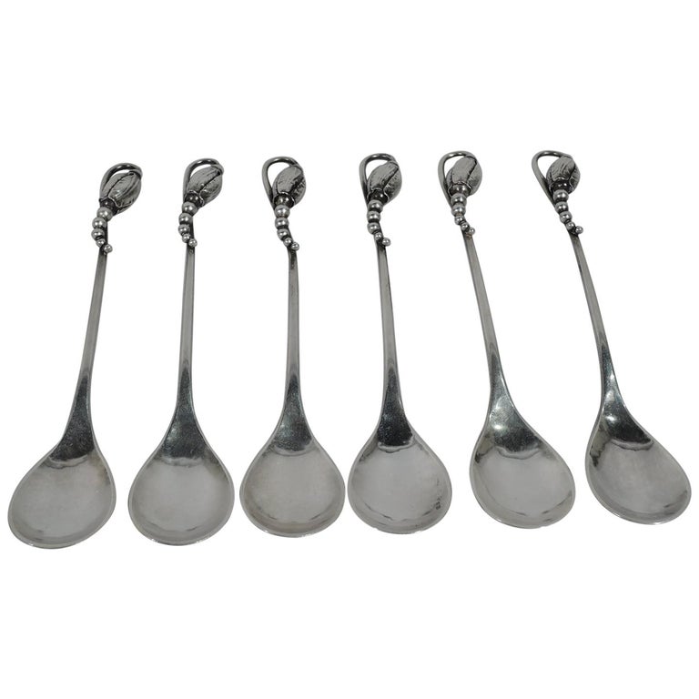 Set of Six Early Jensen Blossom Sterling Silver Demitasse Spoons