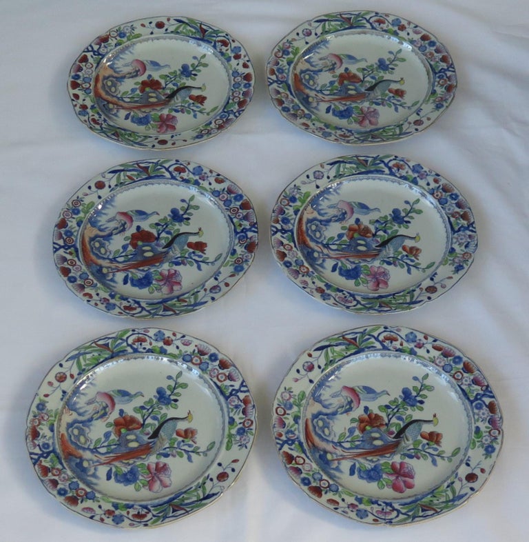 This is a Georgian set of six matching Mason's ironstone plates, all in the Oriental Pheasant pattern and dating to the earliest period between 1813-1820. 

Sets of early plates in this pattern are rare. 

The plates are decorated in