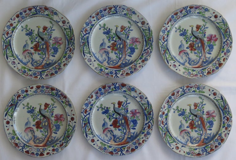 English Set of Six Early Mason's Ironstone Plates Oriental Pheasant Pattern, circa 1818 For Sale