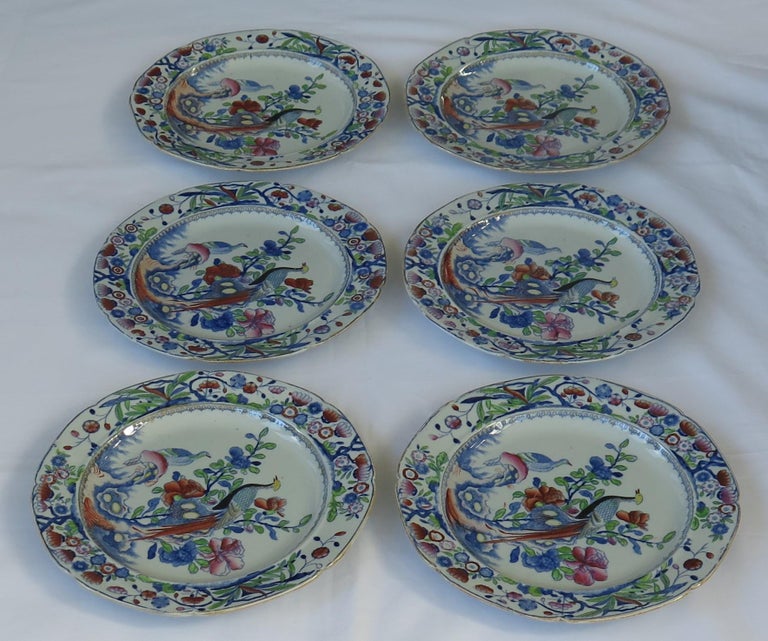 Hand-Painted Set of Six Early Mason's Ironstone Plates Oriental Pheasant Pattern, circa 1818 For Sale