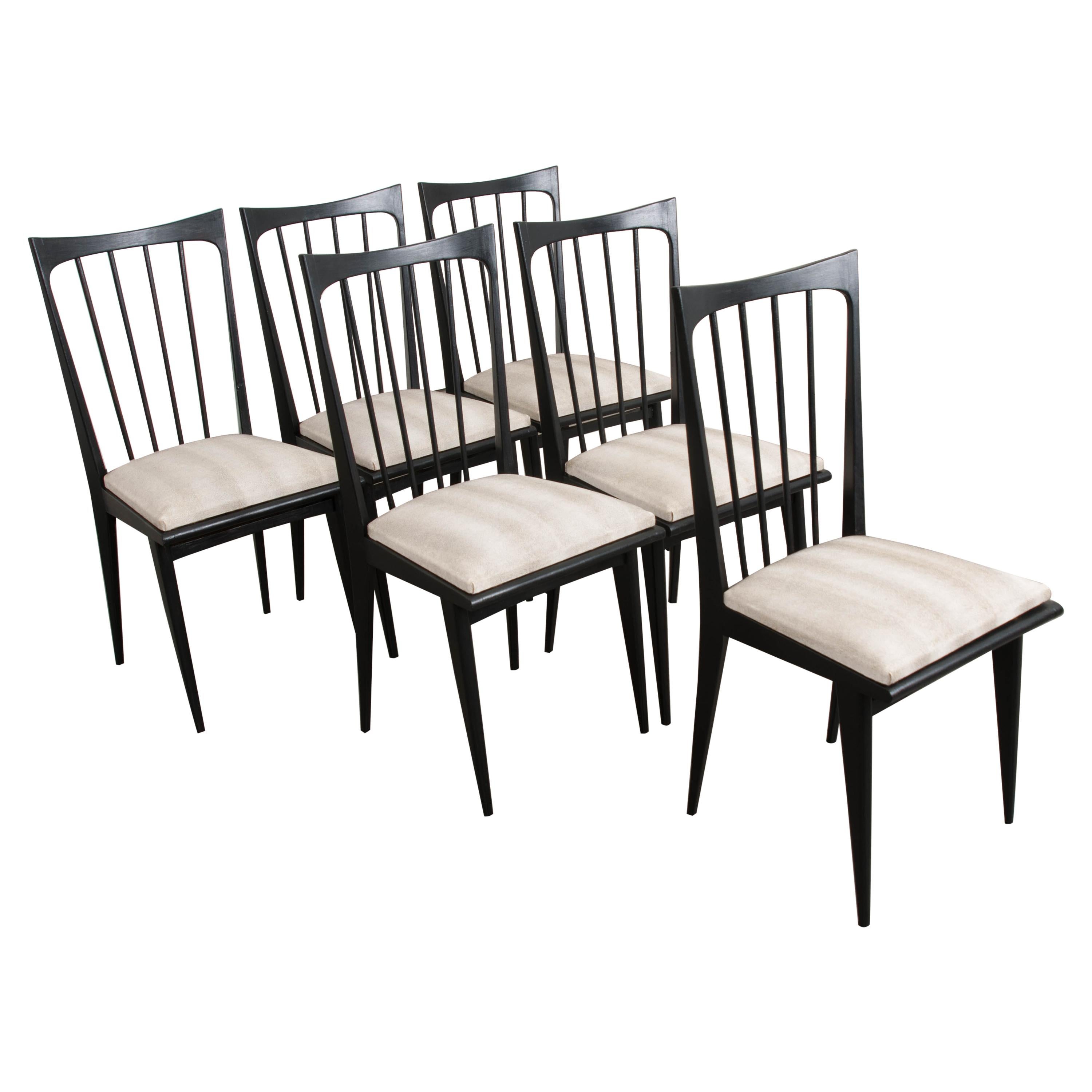 Set of Six Ebonized Midcentury Dining Chairs