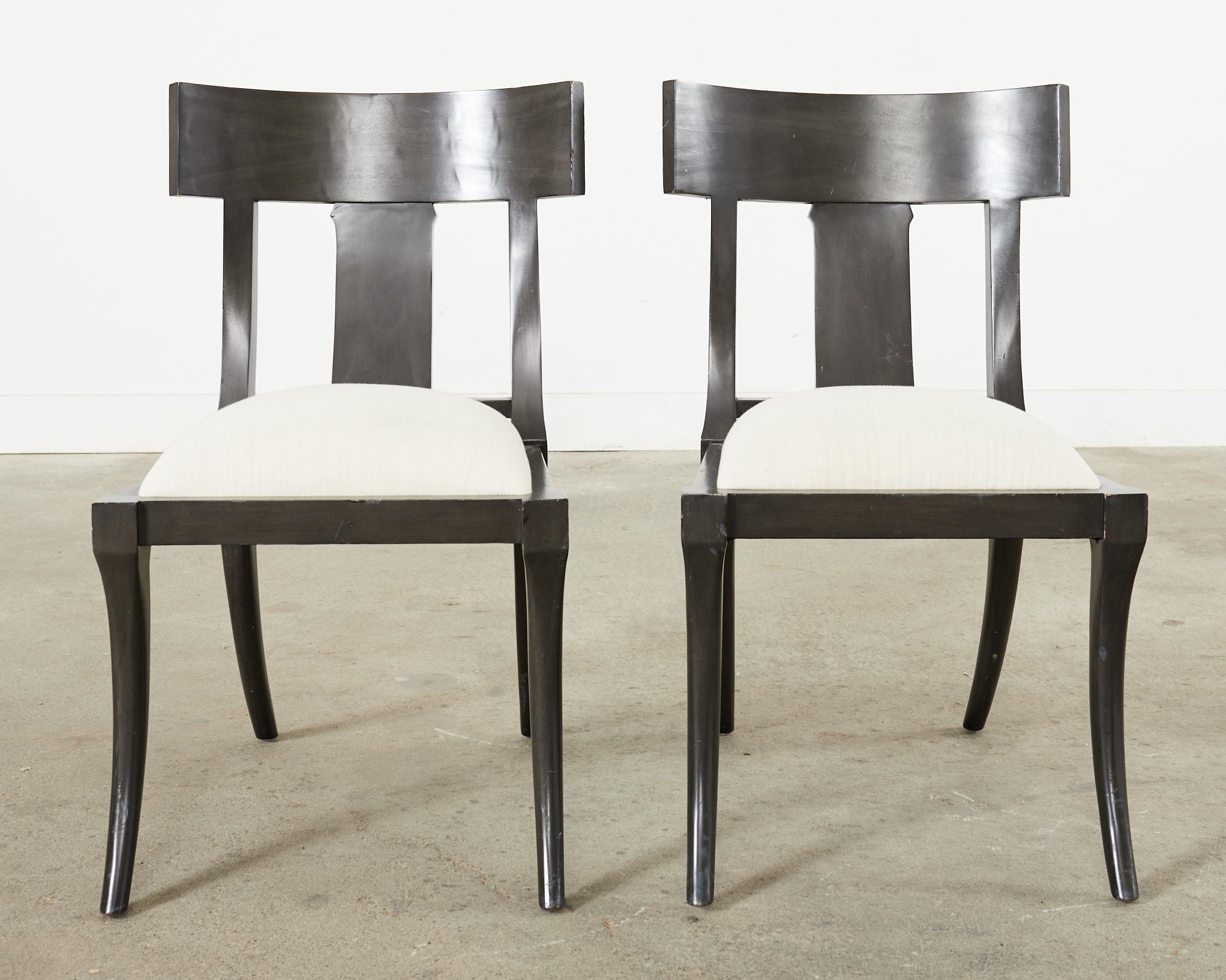 Fabric Set of Six Ebonized Neoclassical Style Klismos Dining Chairs