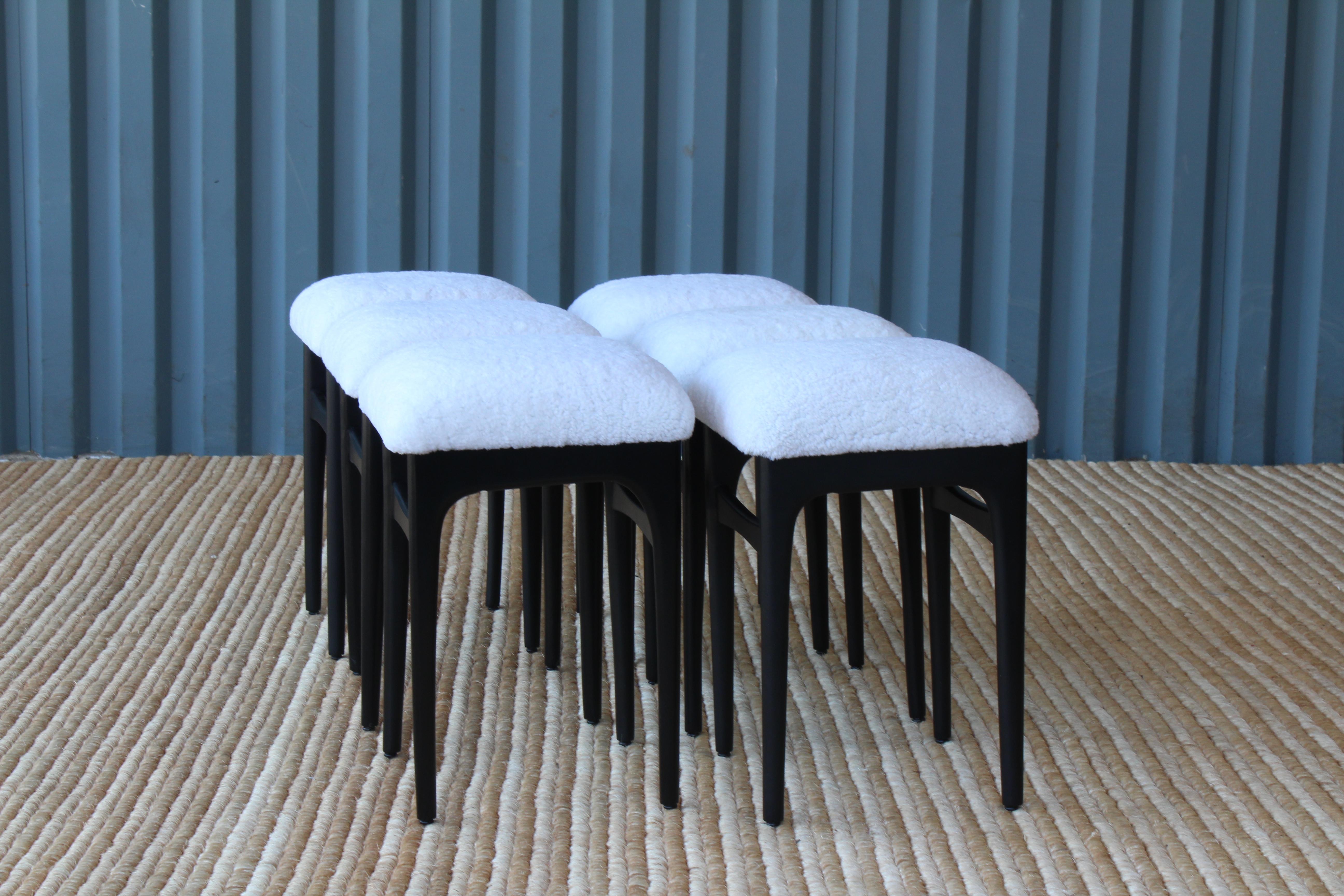 Pair Ebonized Stools with Shearling Seats, Denmark, 1960s 3