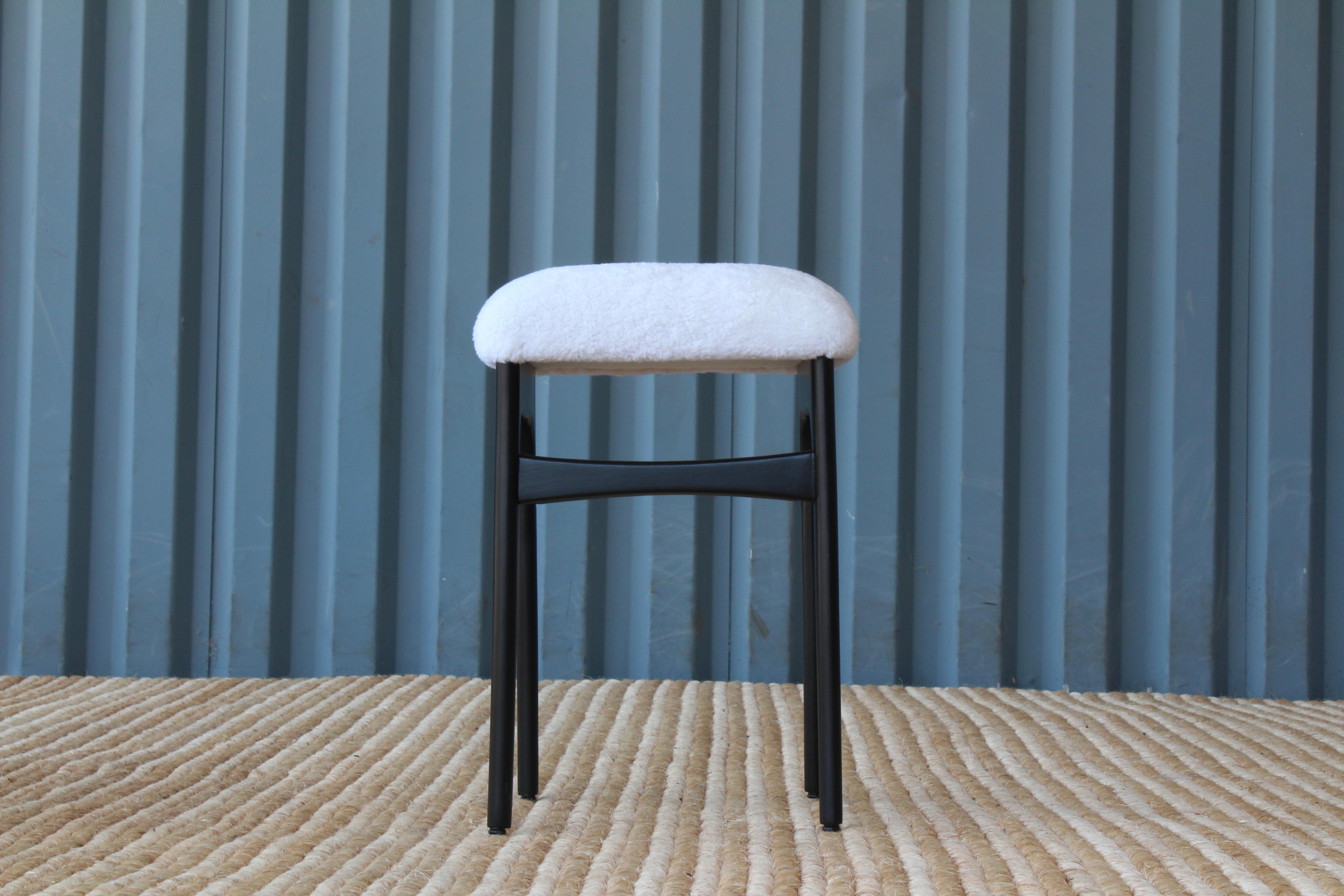 Sheepskin Pair Ebonized Stools with Shearling Seats, Denmark, 1960s