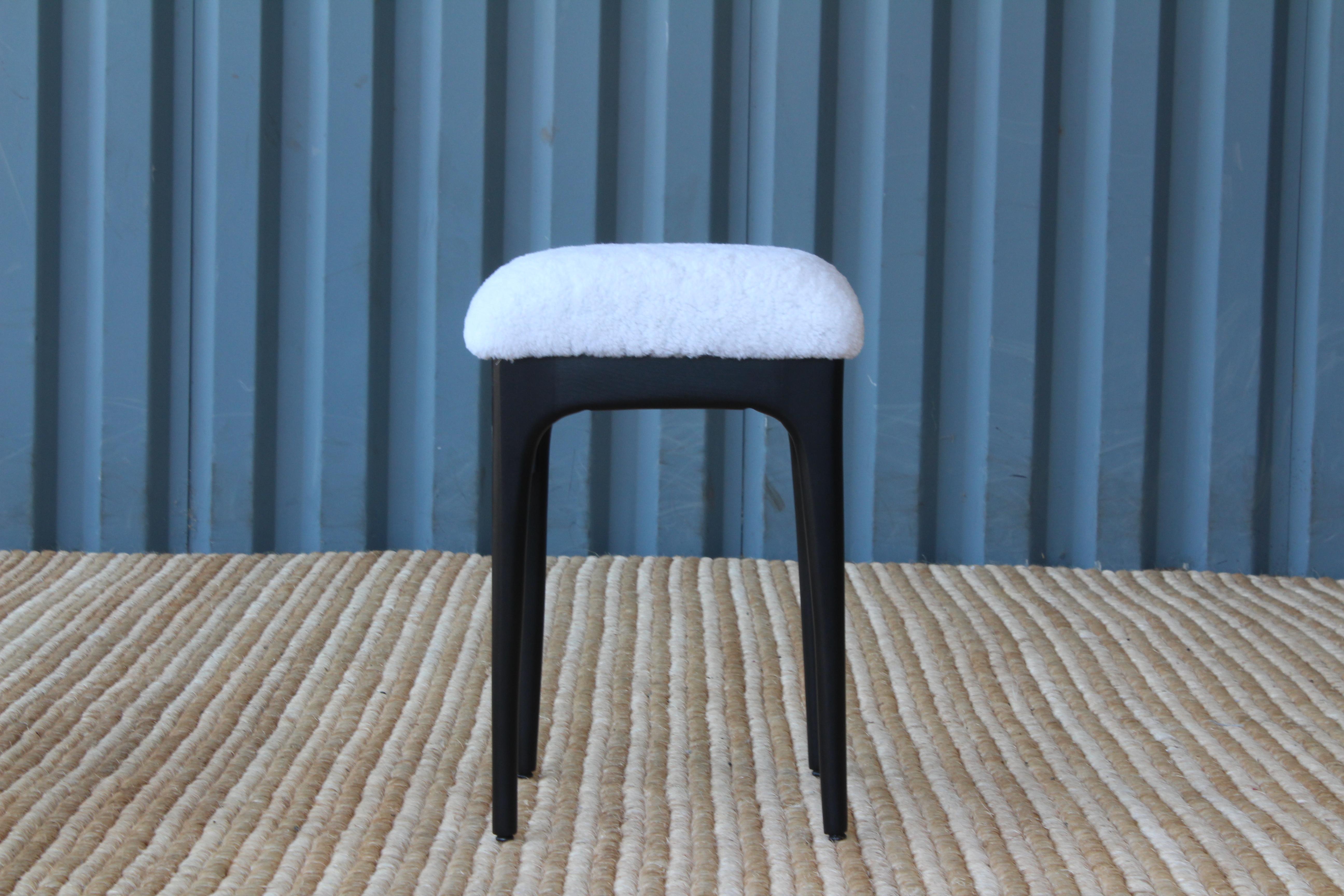 Pair Ebonized Stools with Shearling Seats, Denmark, 1960s 1