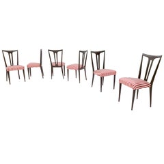 Set of Six Ebonized Wood and Ivory and Red Fabric Dining Chairs, Italy, 1950s