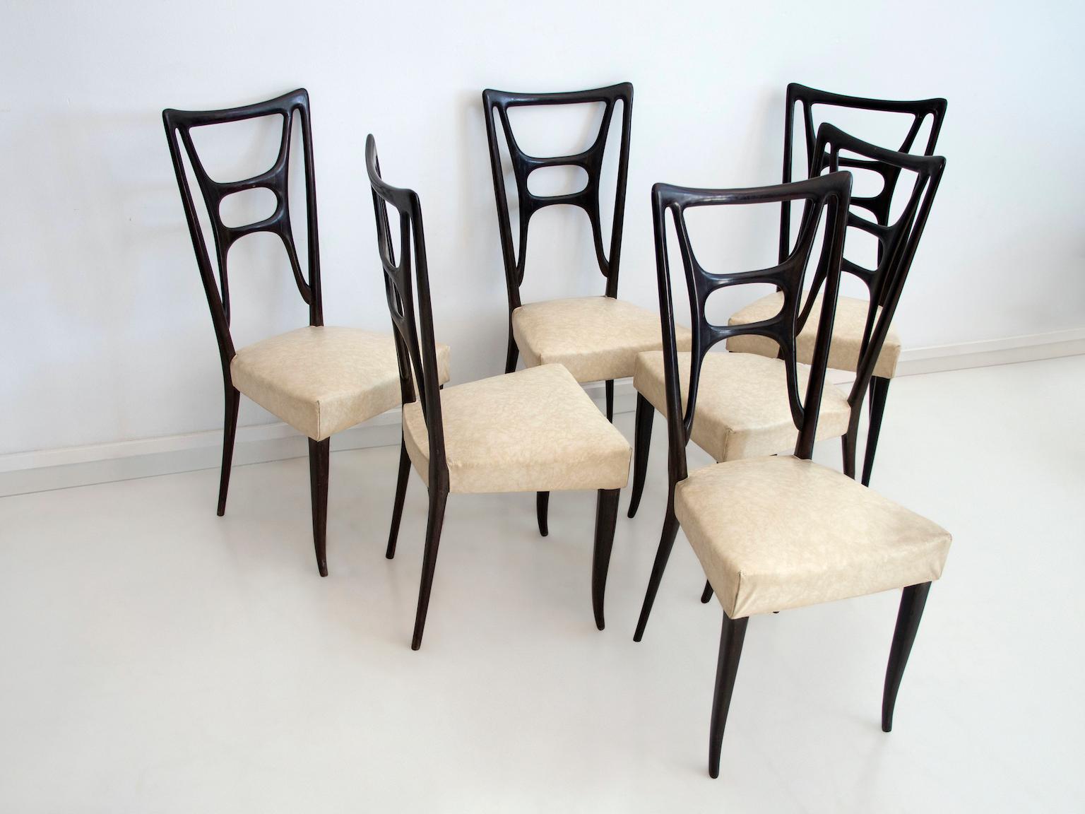 Faux Leather Set of Six Ebonized Wood Dining Chairs