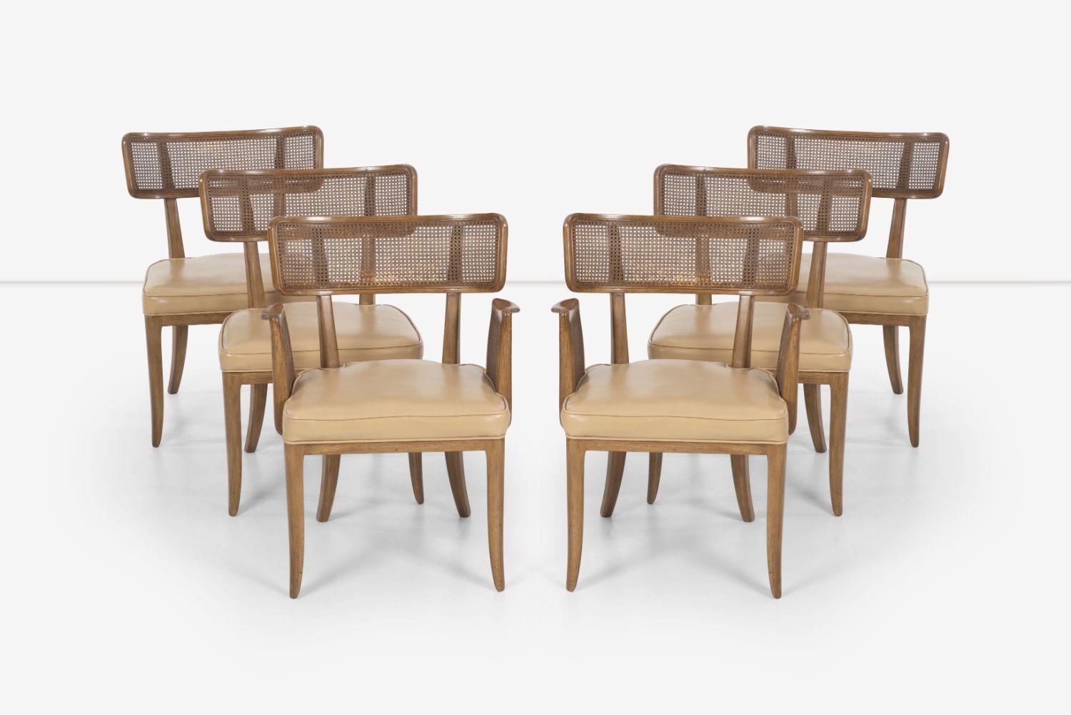Set of Six Edward Wormley for Dunbar Curved-Back Dining Chairs, Model 4580 without arms and Model 4581 arm chairs, Features solid mahogany frames with cane backs and original leather seats.