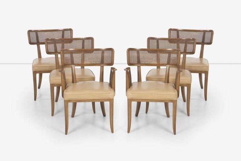 Set of Six Edward Wormley for Dunbar Curved-Back Dining Chairs, Model 4580 without arms and Model 4581 arm chairs, Features solid mahogany frames with cane backs and original leather seats.