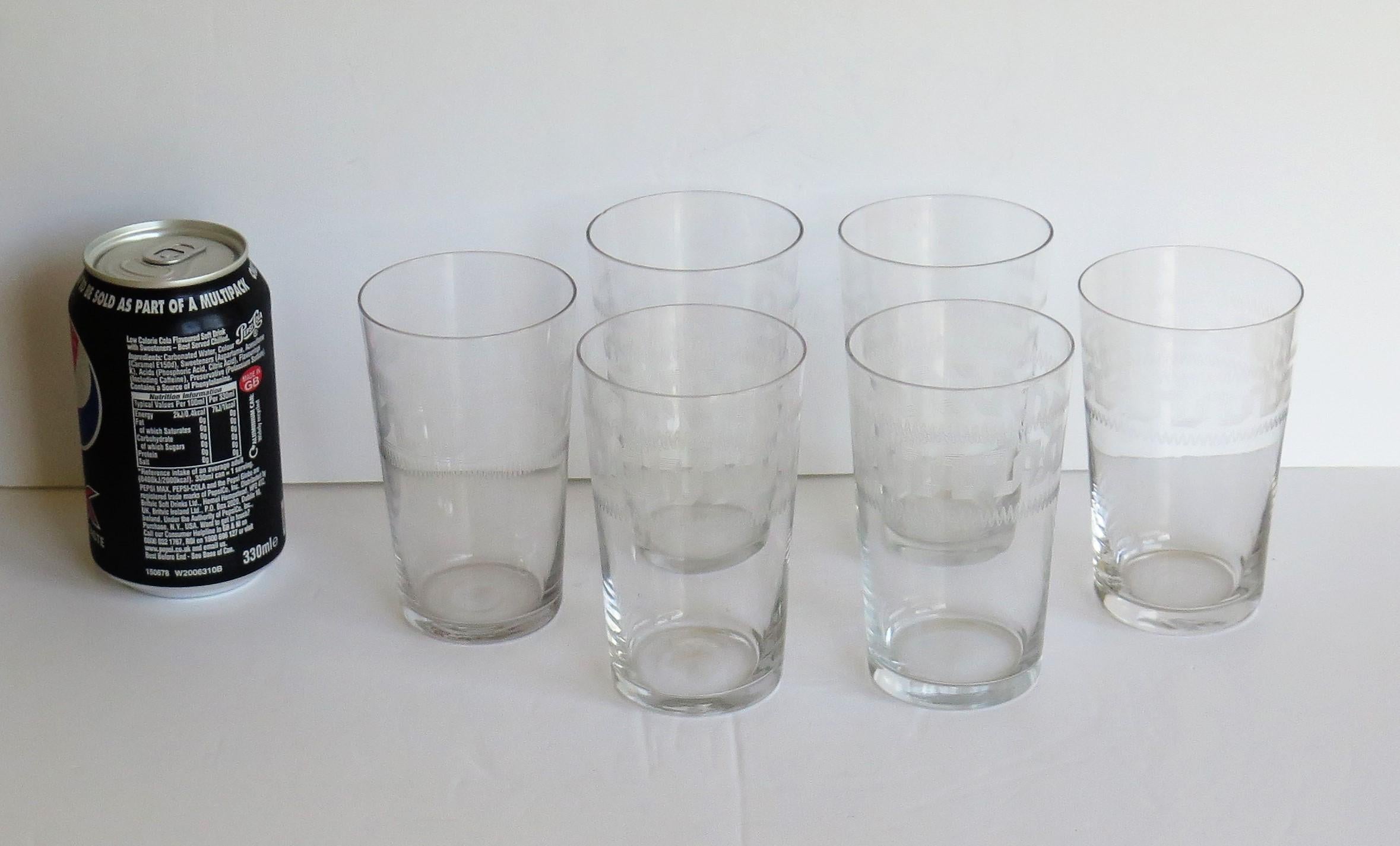 Set of Six Edwardian Glass Tumblers Engraved Drinking Glasses, circa 1905 6