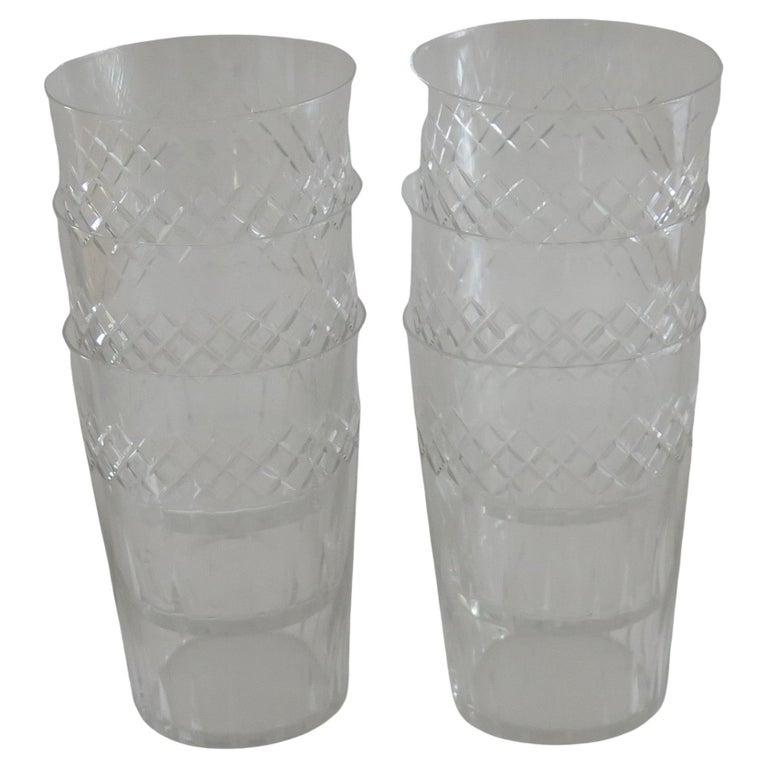 These are a good set of six crystal glass, engraved tumblers or drinking glasses, dating to the Edwardian period, circa 1905

Each glass tumbler has a circular slightly tapered shape, decorated with an engraved horizontal pattern to its upper half