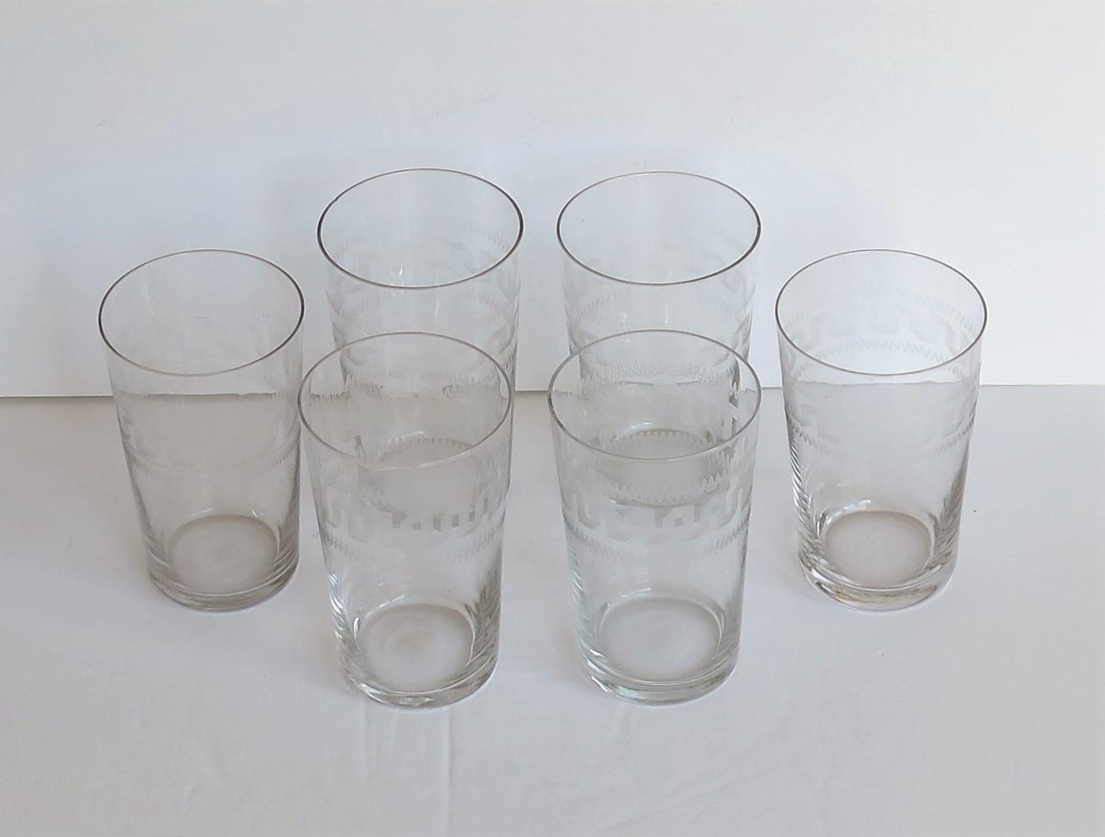 Set of Six Edwardian Glass Tumblers Engraved Drinking Glasses, circa 1905 In Good Condition In Lincoln, Lincolnshire