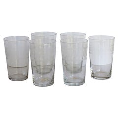 Antique Set of Six Edwardian Glass Tumblers Engraved Drinking Glasses, circa 1905