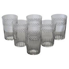 Antique Set of SIX Edwardian Glass Tumblers Engraved Drinking Glasses, circa 1905
