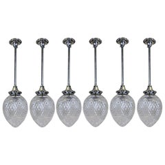 Set of Six Edwardian Silver and Cut Glass Hanging Pendant Lights