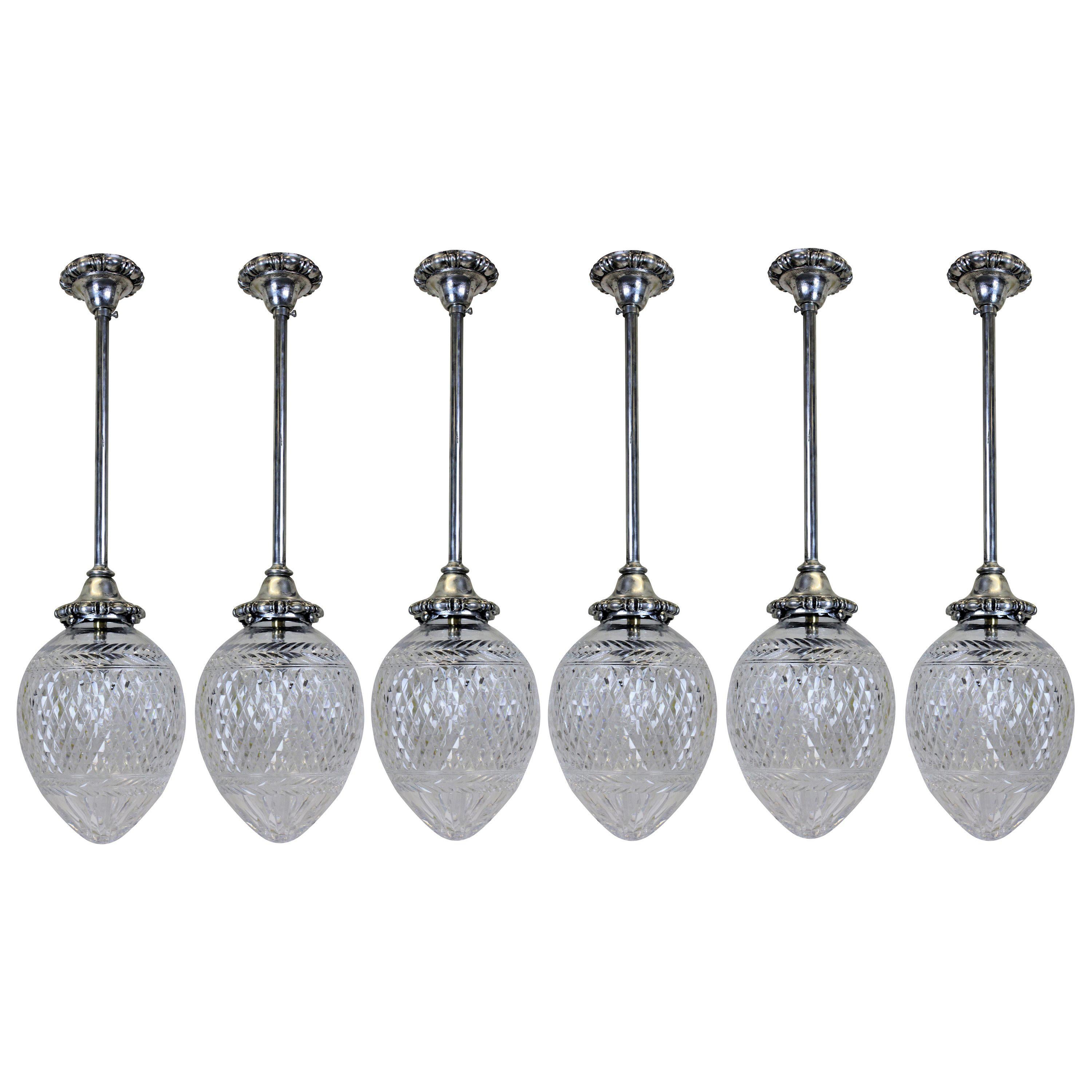 Set of Six Edwardian Silver and Cut Glass Hanging Pendant Lights