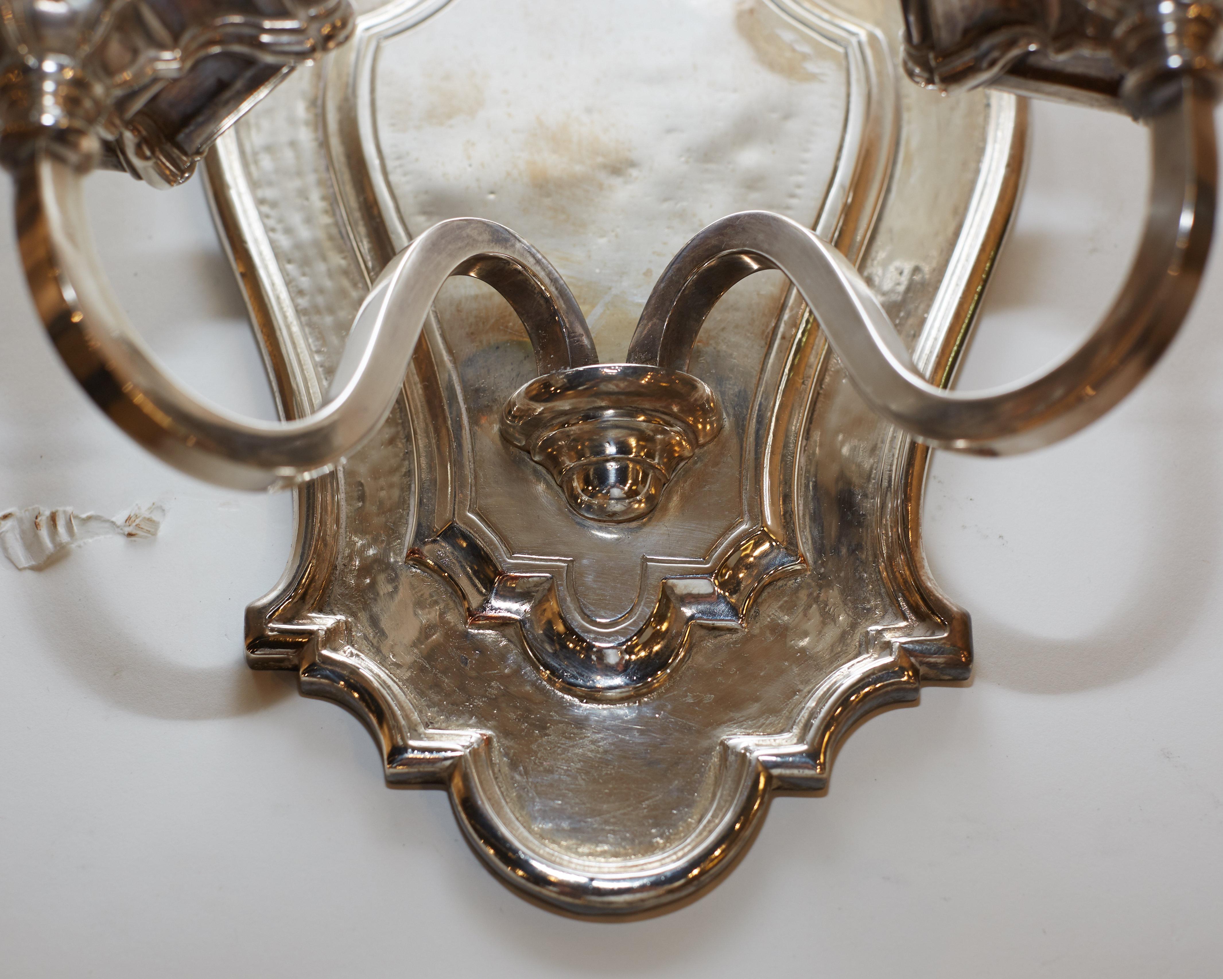 North American Set of Six E.F. Caldwell Silvered Bronze Shield Back Sconces