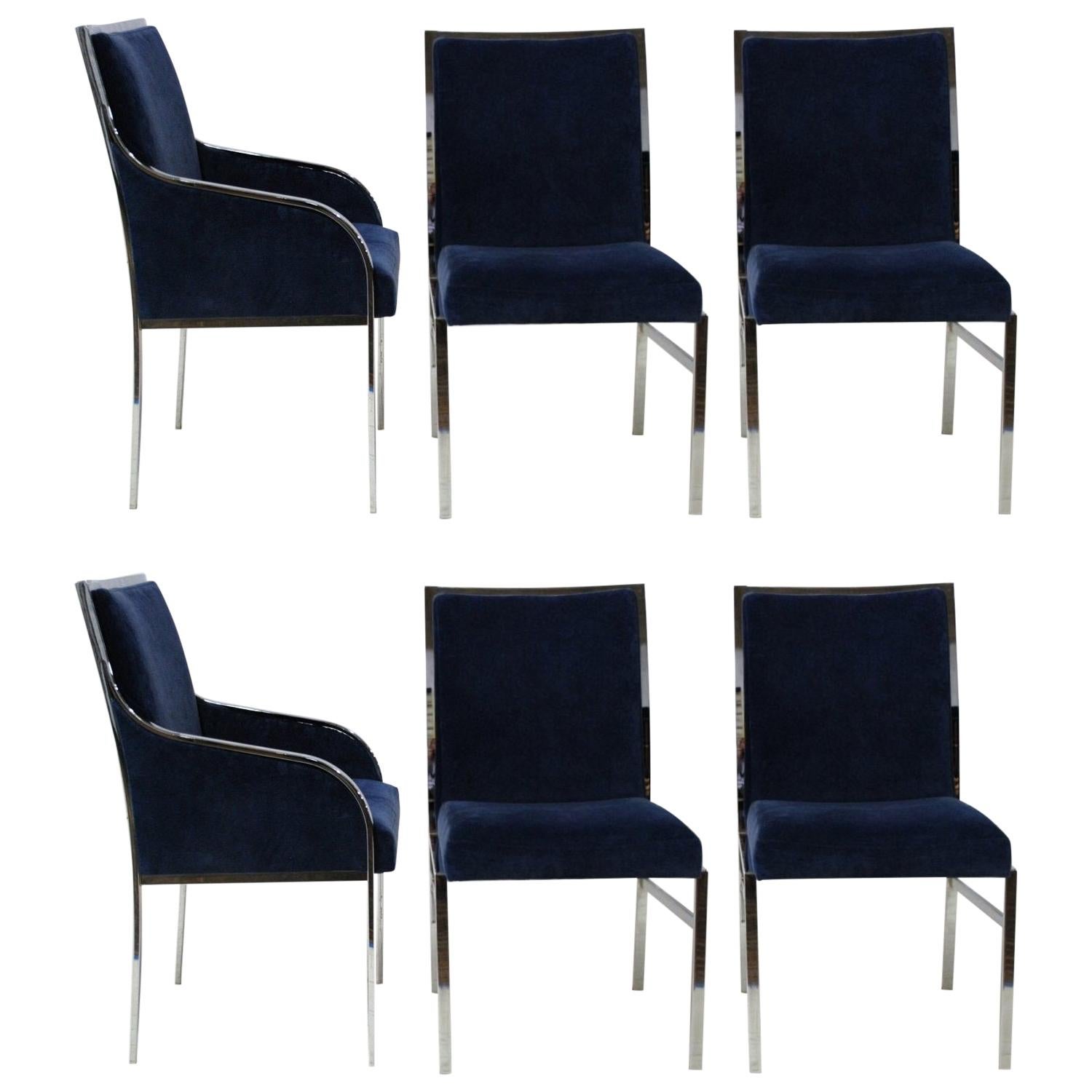 Set of Six Elegant Pierre Cardin Blue Velvet Dining Chairs