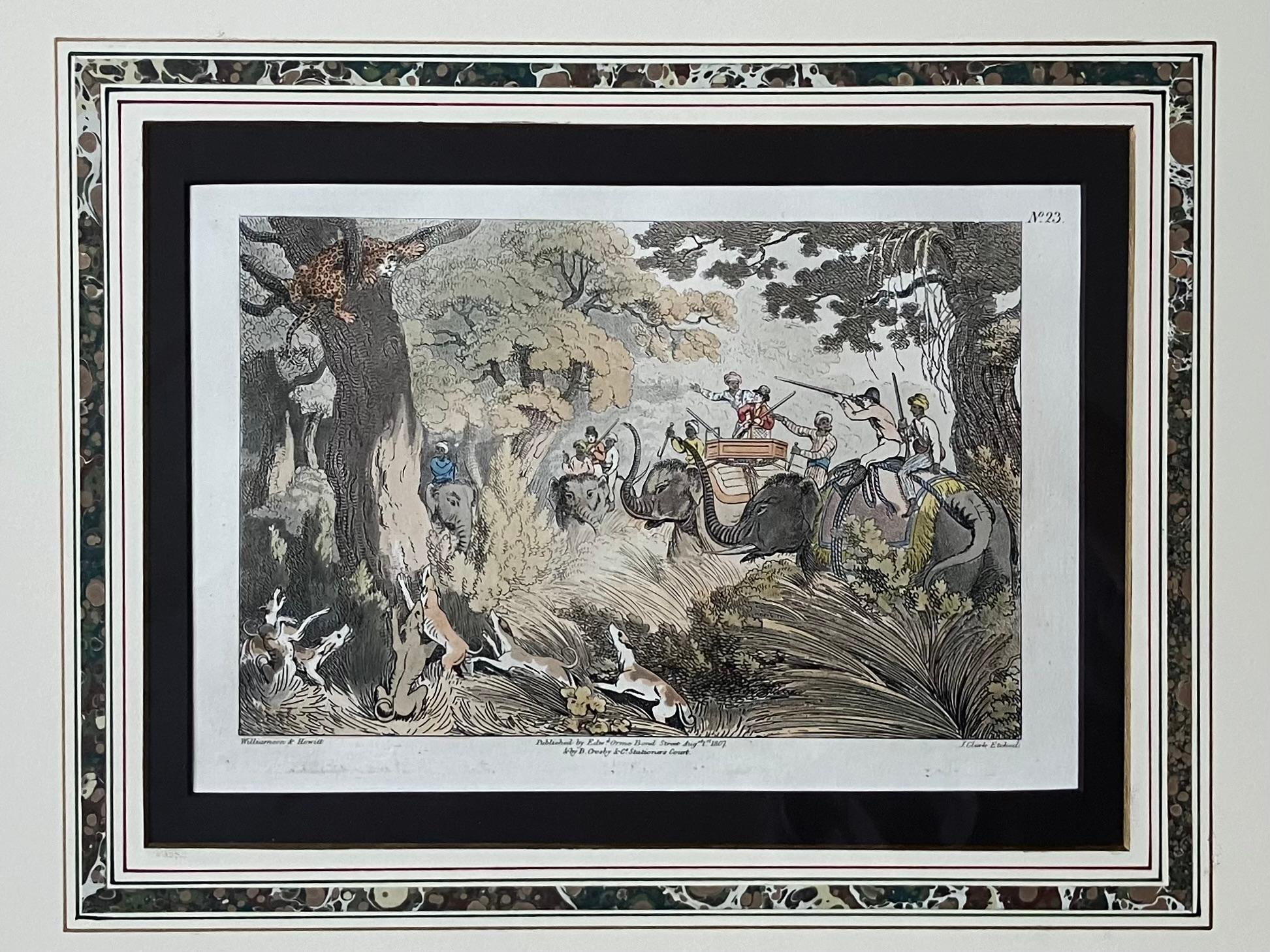 Conjunto de seis grabados de escenas de caza de elefantes en marcos dorados en venta 4