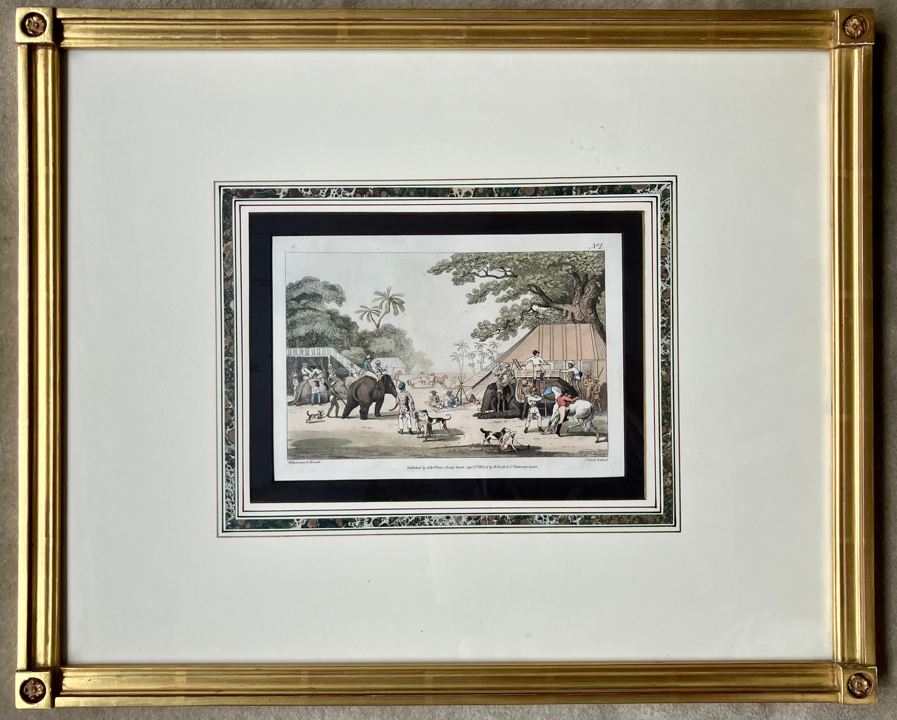 Conjunto de seis grabados de escenas de caza de elefantes en marcos dorados. Antiguos grabados Williamson & Howitt de elefantes en variadas escenas orientalistas de caza y paisajes, en elegantes marcos dorados esquinados y tapizados en imitación