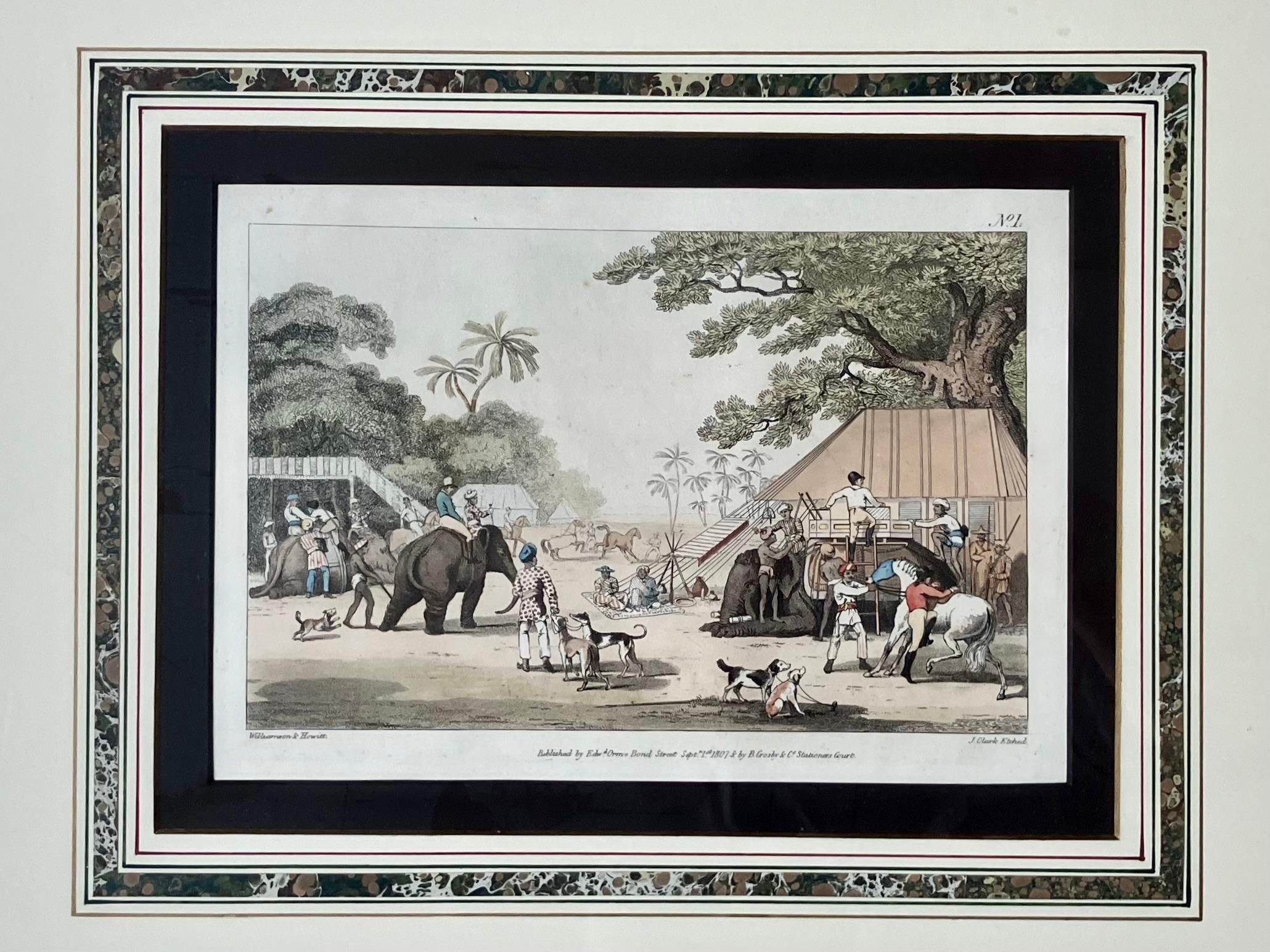 Conjunto de seis grabados de escenas de caza de elefantes en marcos dorados Inglés en venta