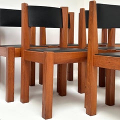 Set of Six Elm and Leather Chairs by Michel Milleret, Paris 1979