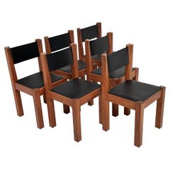 Set of Six Elm and Leather Chairs by Michel Milleret, Paris 1979