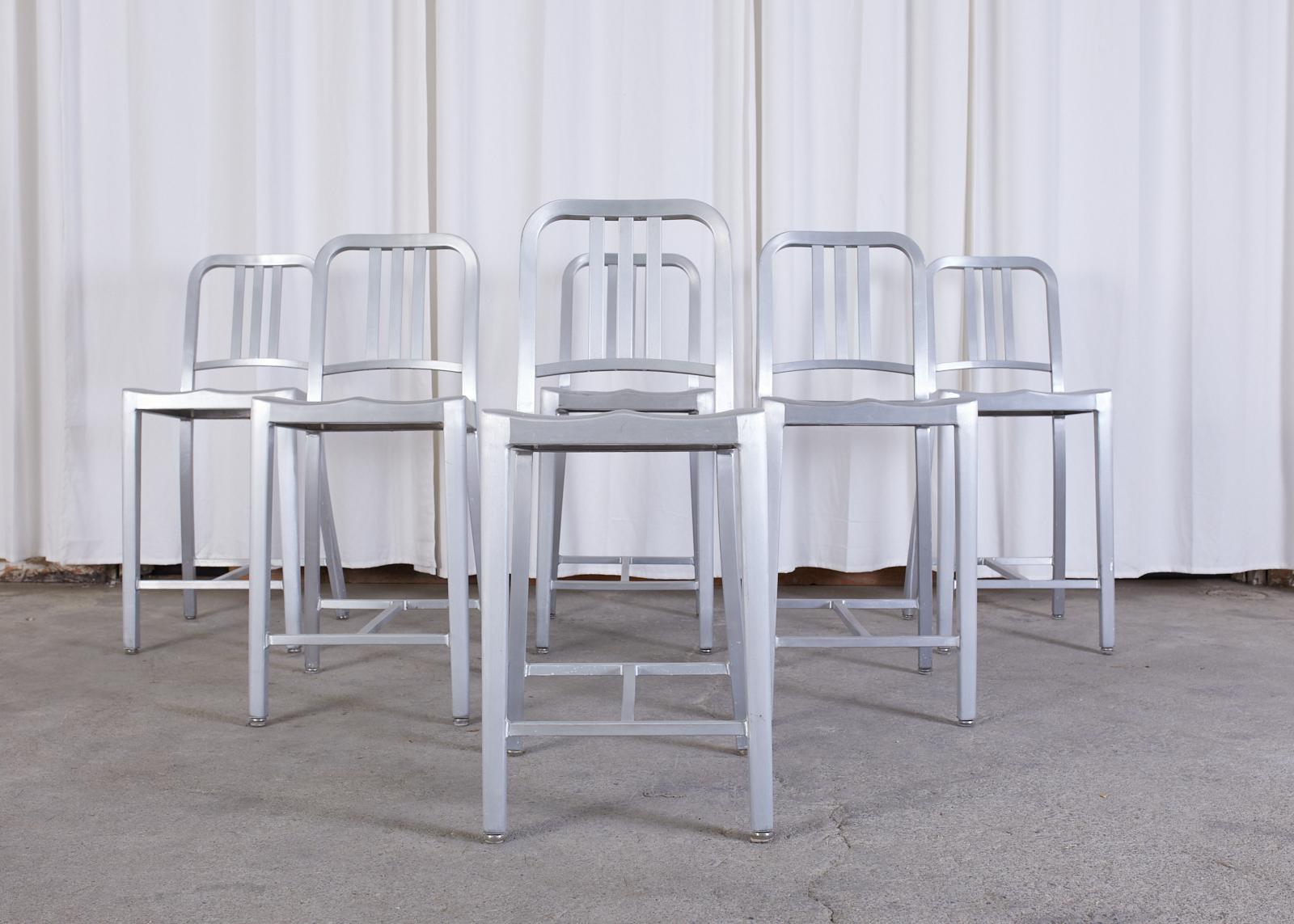 American Set of Six Emeco Navy Counter Stools in Brushed Aluminum For Sale