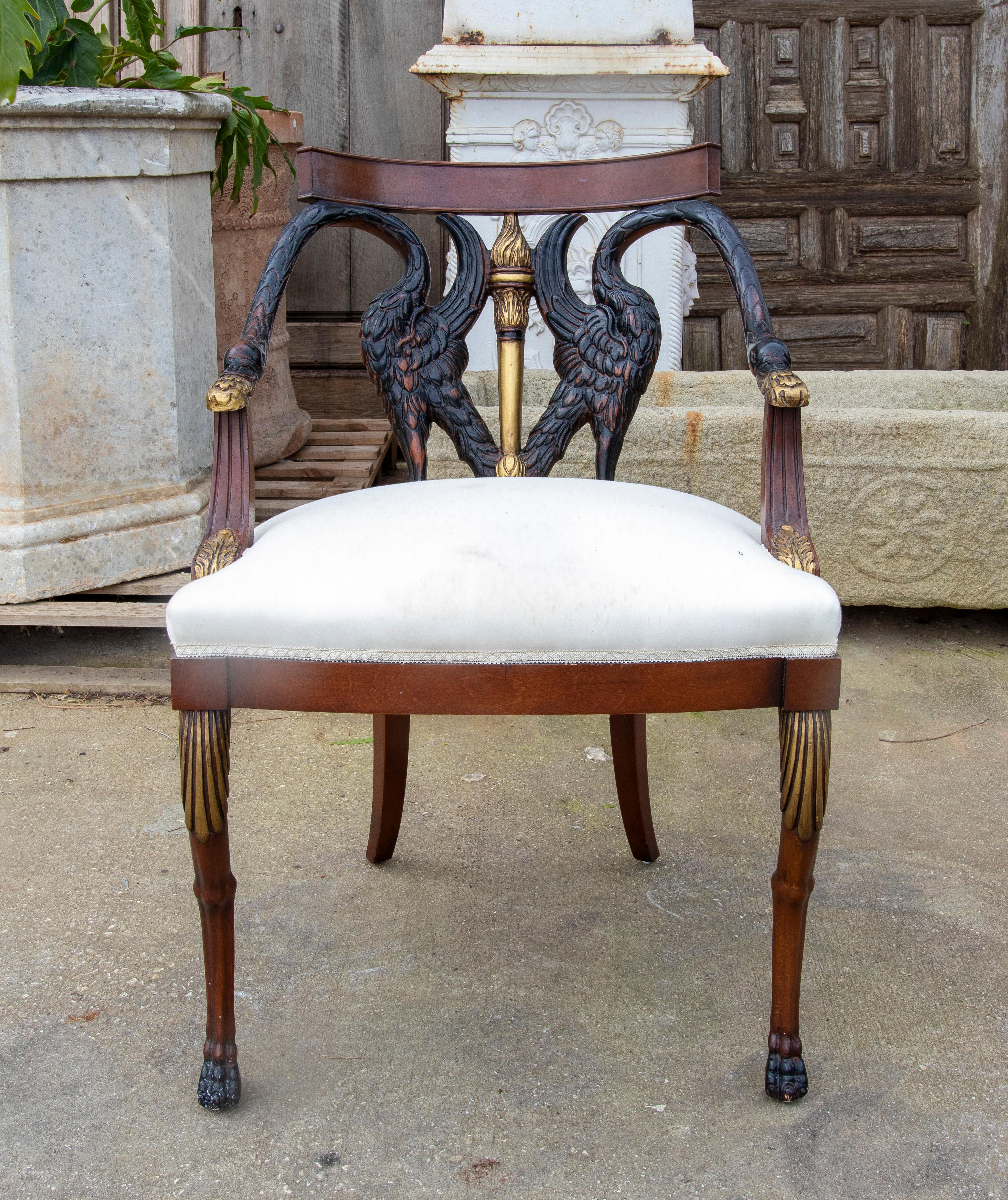 French Set of Six Empire Style Mahogany Armchairs with Duck Back and Armrests For Sale