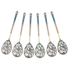 Set of Six Enamel Silver Teaspoons, 20th Century