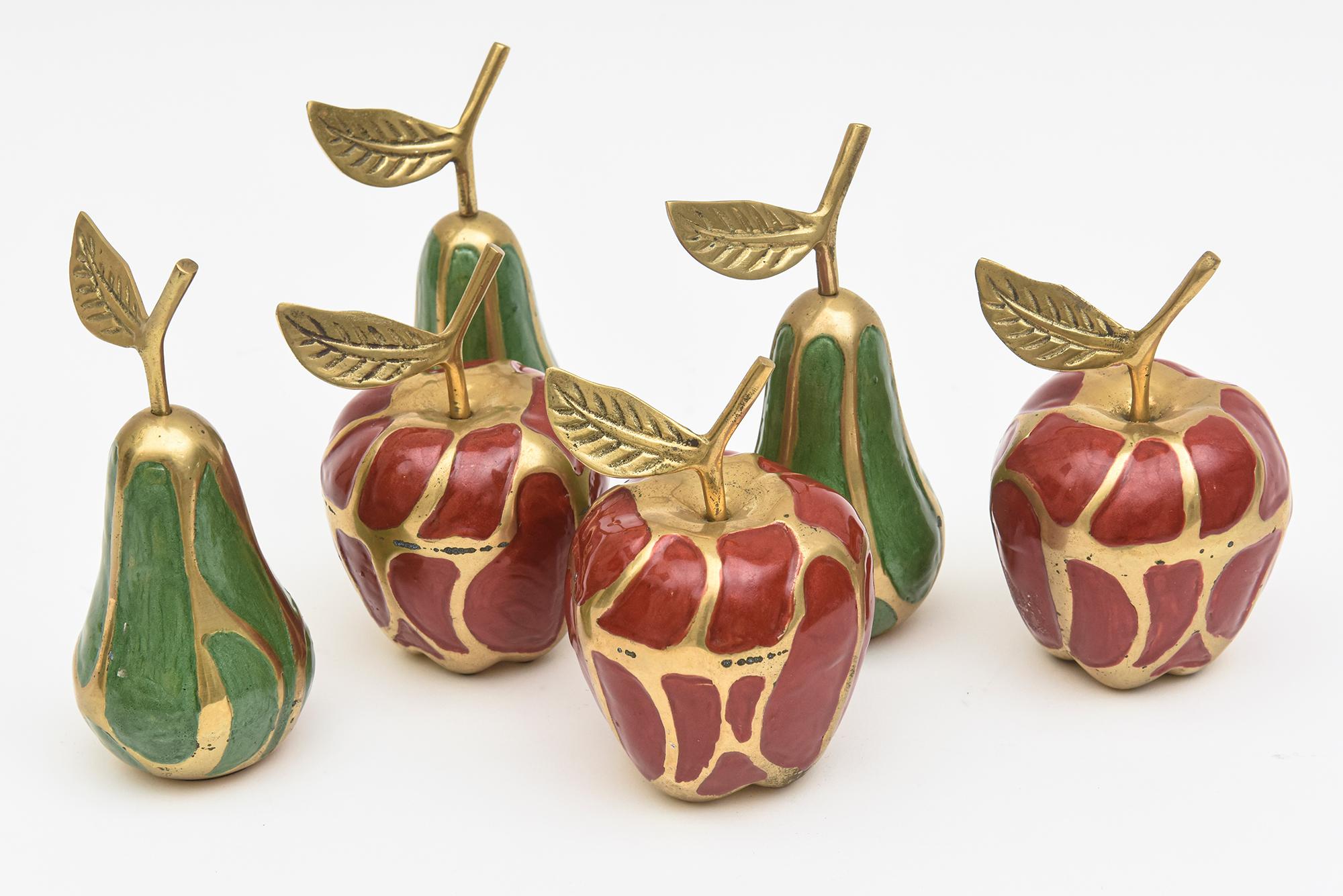 Modern Enamel and Brass Red , Green Apple and Pear Object Sculptures Set Of 6 Vintage For Sale
