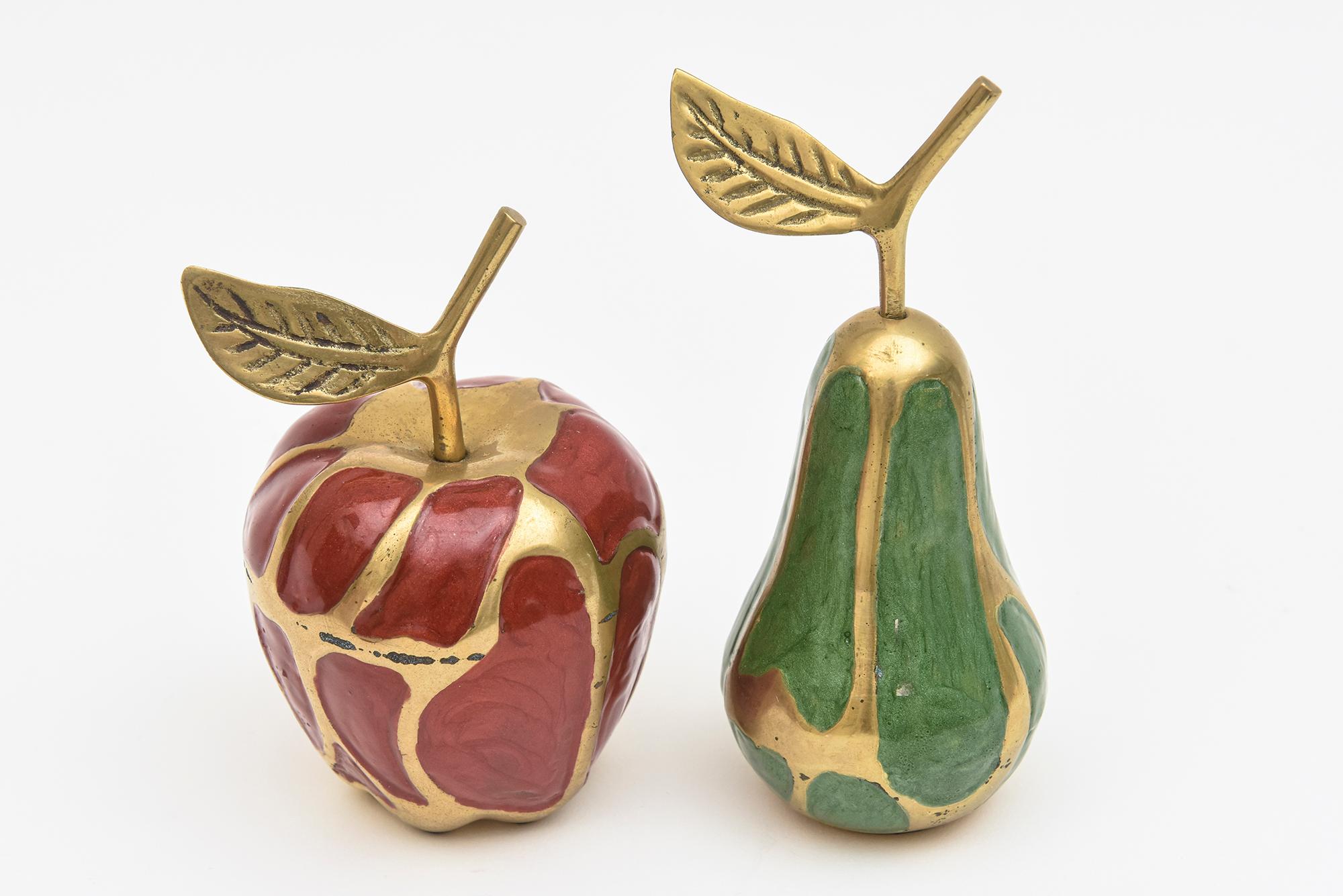 American Enamel and Brass Red , Green Apple and Pear Object Sculptures Set Of 6 Vintage For Sale