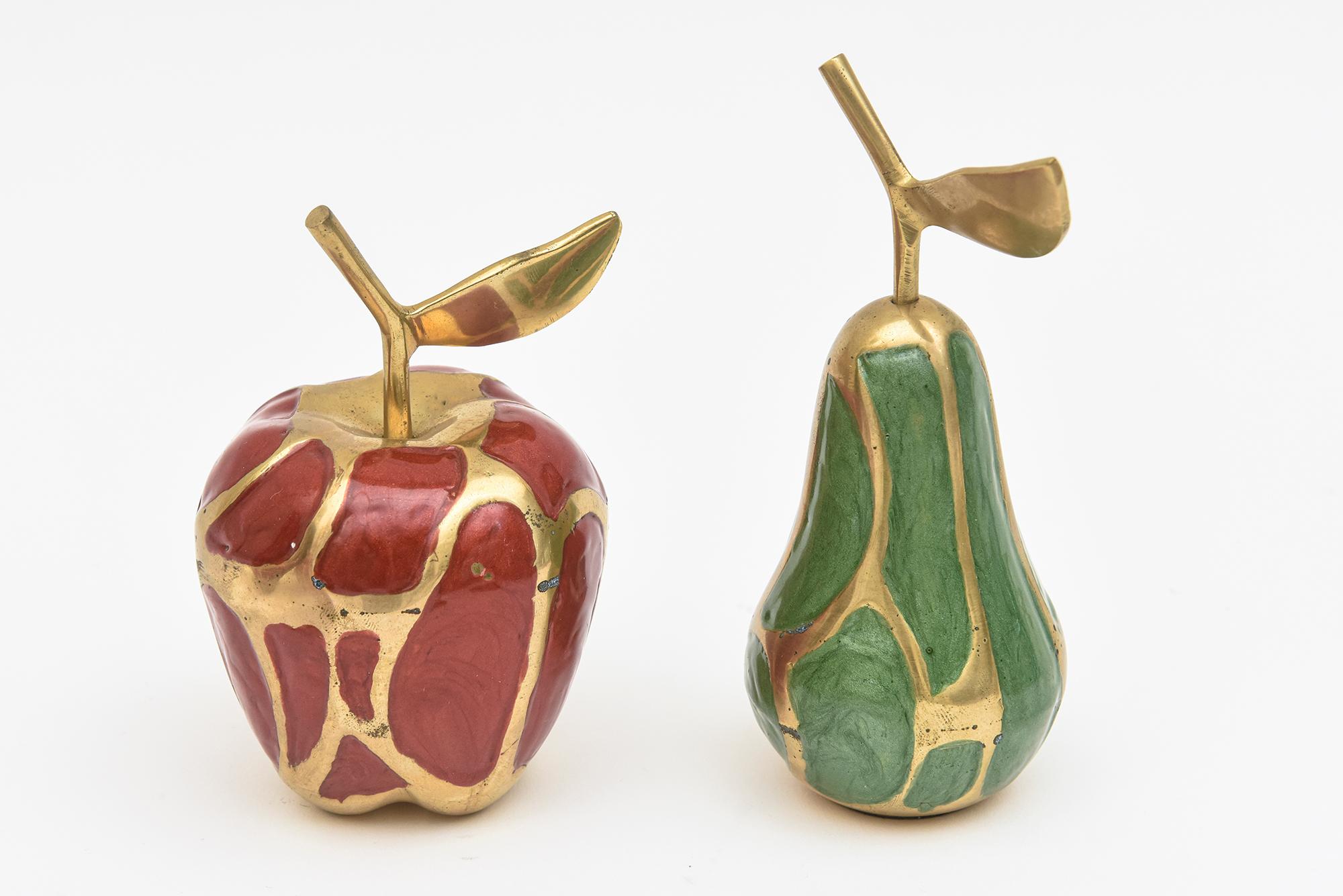 Enamel and Brass Red , Green Apple and Pear Object Sculptures Set Of 6 Vintage In Good Condition For Sale In North Miami, FL