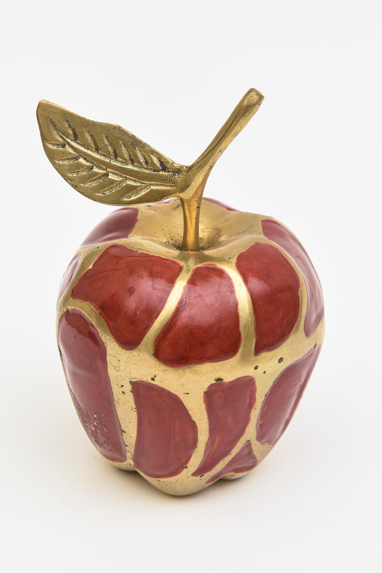 Enamel and Brass Red , Green Apple and Pear Object Sculptures Set Of 6 Vintage For Sale 1